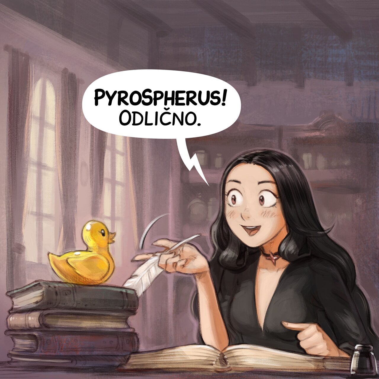 Panel 2. Cepper is now excited, the rubber duck is still silent, staring happily in the void.  
Cepper: "PyroBolus! Perfect."