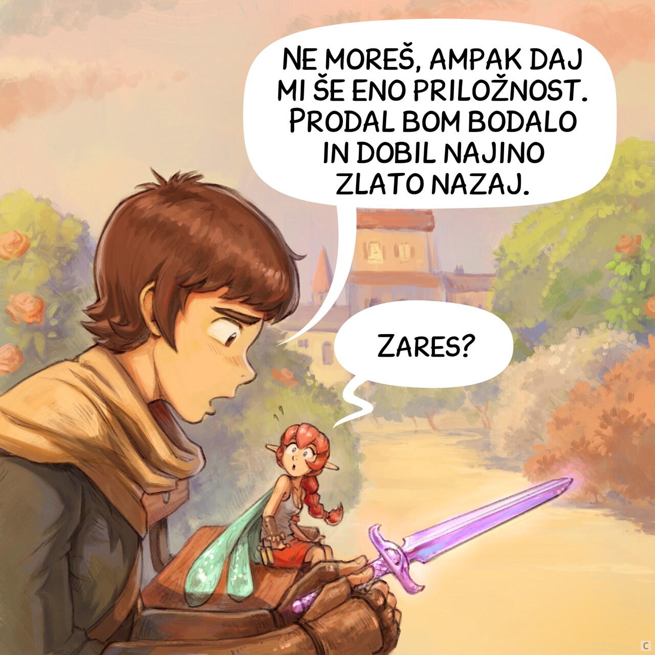 Panel 3. The adventurer feels sincerely sorry and sad while watching in his hand the purple epic dagger. The pink fairy watches him with wide eyes, pleasantly surprised.  
Adventurer: "You can't, but give me one chance: I'll sell the dagger and get our gold back."  
Pink fairy: "...Really?"
