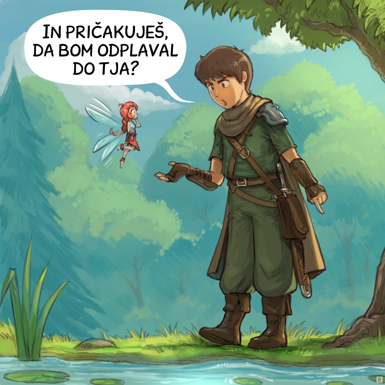 Panel 2. The Adventurer looks skeptical and upset as he points the water's edge.  
Adventurer: "..And you expect me to swim in that?"