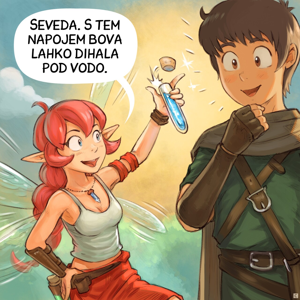 Panel 3. The Pink Fairy happily holds up a small blue potion that she opens with her thumb. The Adventurer is now enthusiast to try it.  
Pink Fairy: "Yes, this potion will let us breathe underwater."