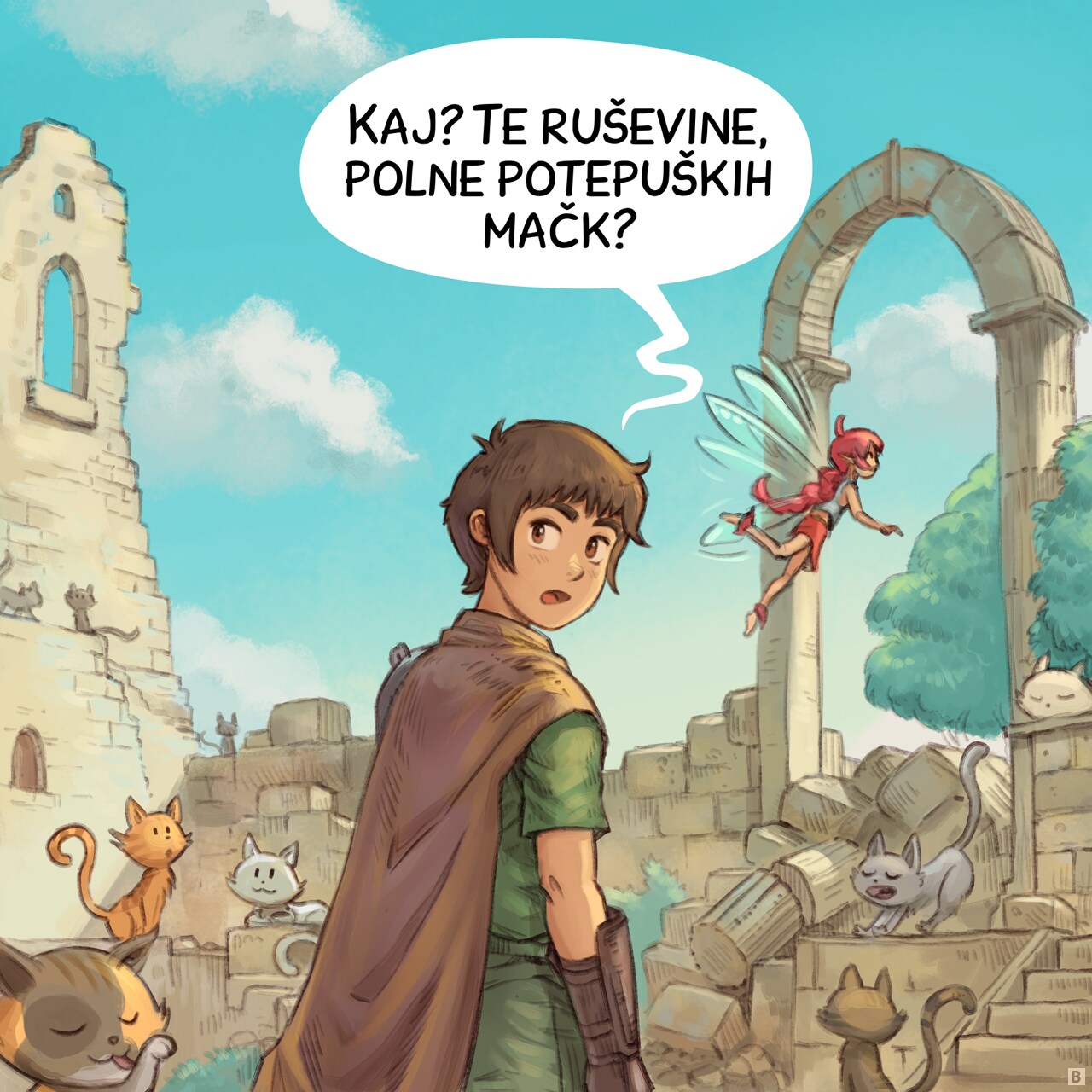 Panel 2. They progress through it: more cats around. The Adventurer really don't understand what's so special about this place while the Pink-Fairy is happy.  
Adventurer: "What? This crumbling place full of stray cats?"