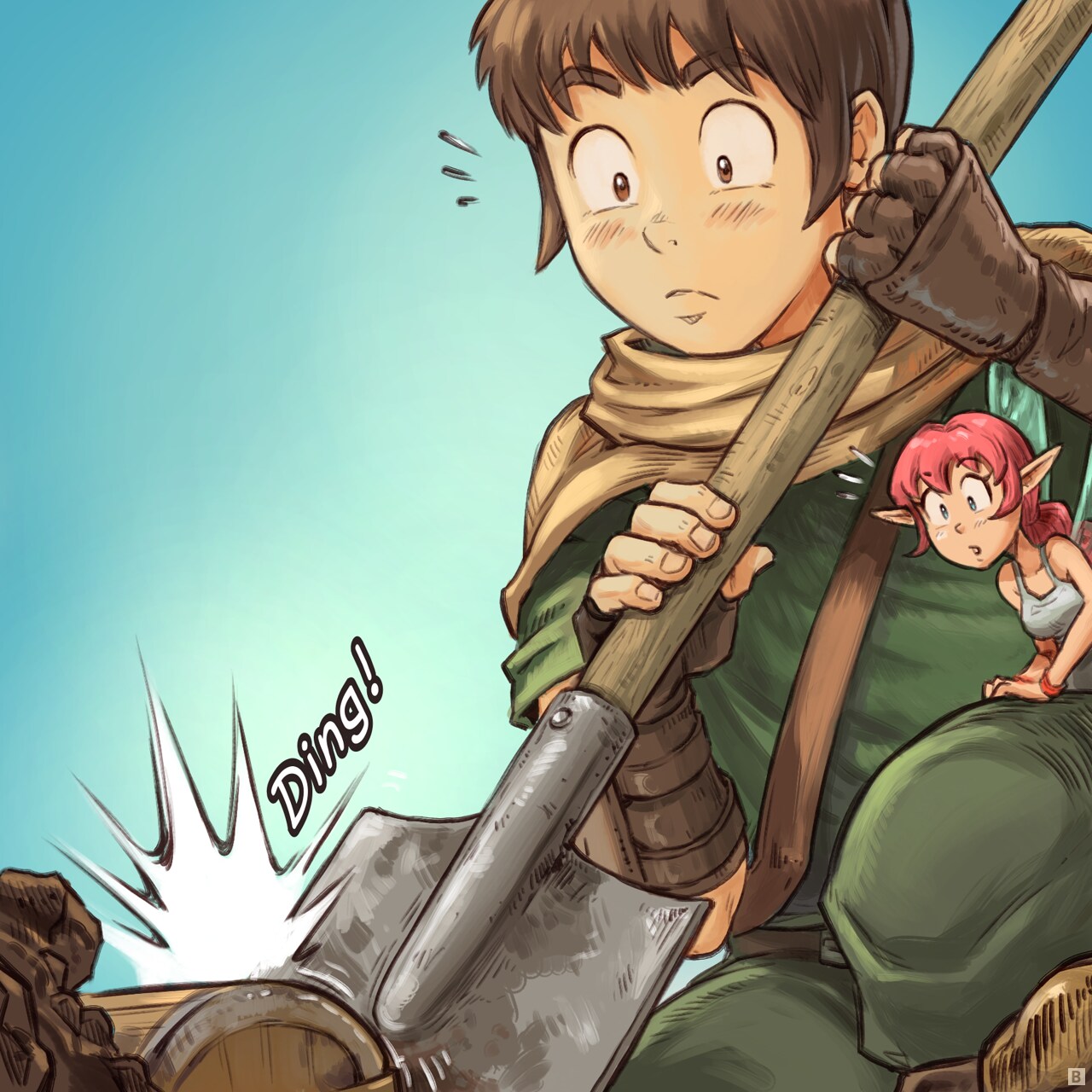 Panel 2. The adventurer's hoe strikes something hard, both him and the Pink-fairy look surprised.  
Sound-Fx: "Ding!"