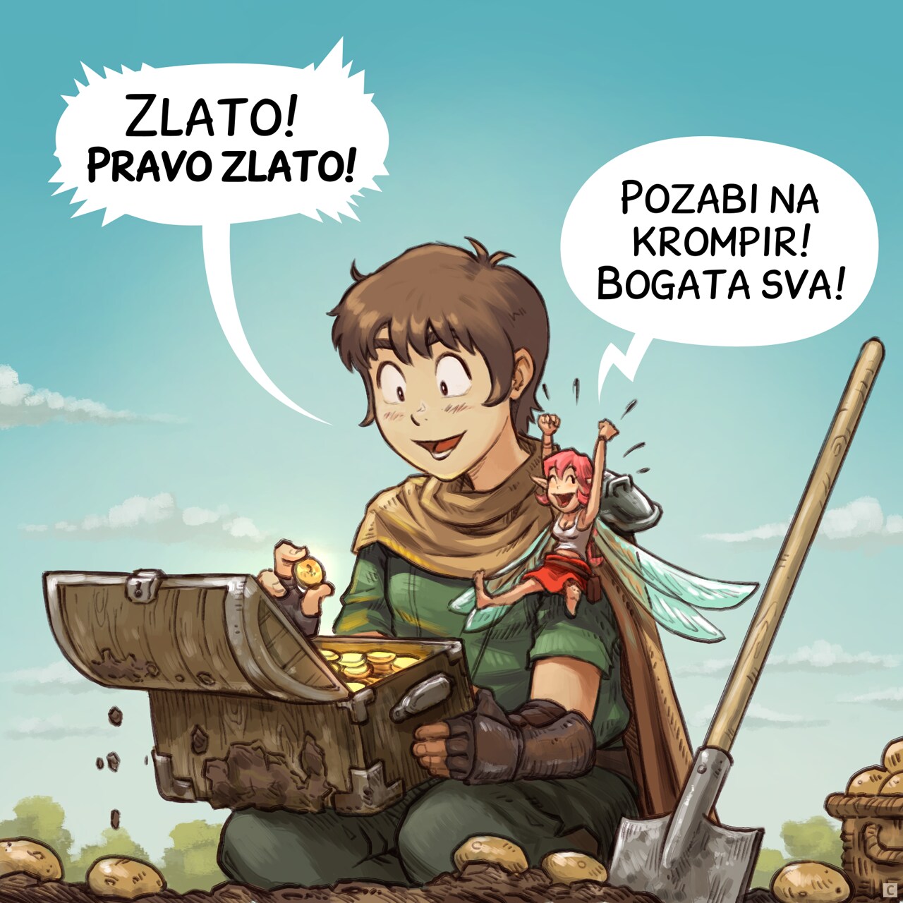 Panel 3. The adventurer knees near a small casket filled with gold. The two characters are delighted.  
Adventurer: "Gold! Real gold!"  
Pink-fairy: "Forget the potatoes! We're rich!"