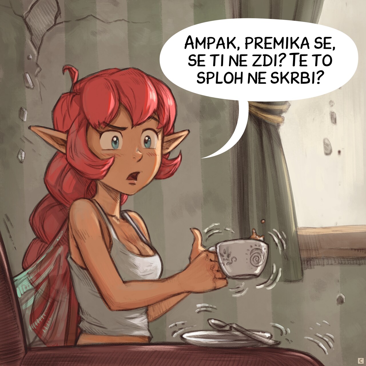 Panel 3. Closer shot of the Pink Fairy, a bit nervous and skeptical. Her cup of tea is shaking, spilling a bit.  
Pink Fairy: "But it's moving a bit, isn't it? Doesn't that worry you at all?"