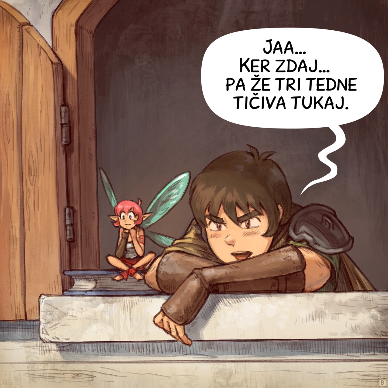 Panel 2. Close up on them bored at the window.  
Pink-Fairy: "Yeah… because now… we’ve been stuck here for three weeks already."