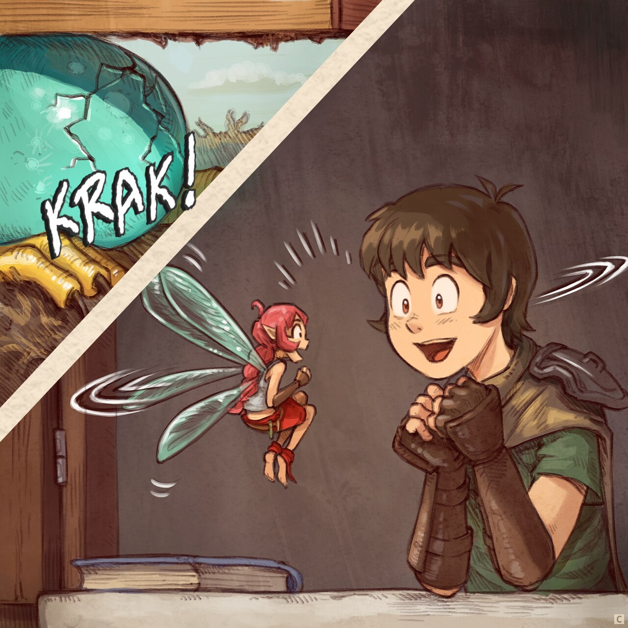 Panel 3. Suddenly, a crack sound from bellow, and both Adventurer and Pink fairy are joyful and look at each other.  
SoundFX: "Crack!"