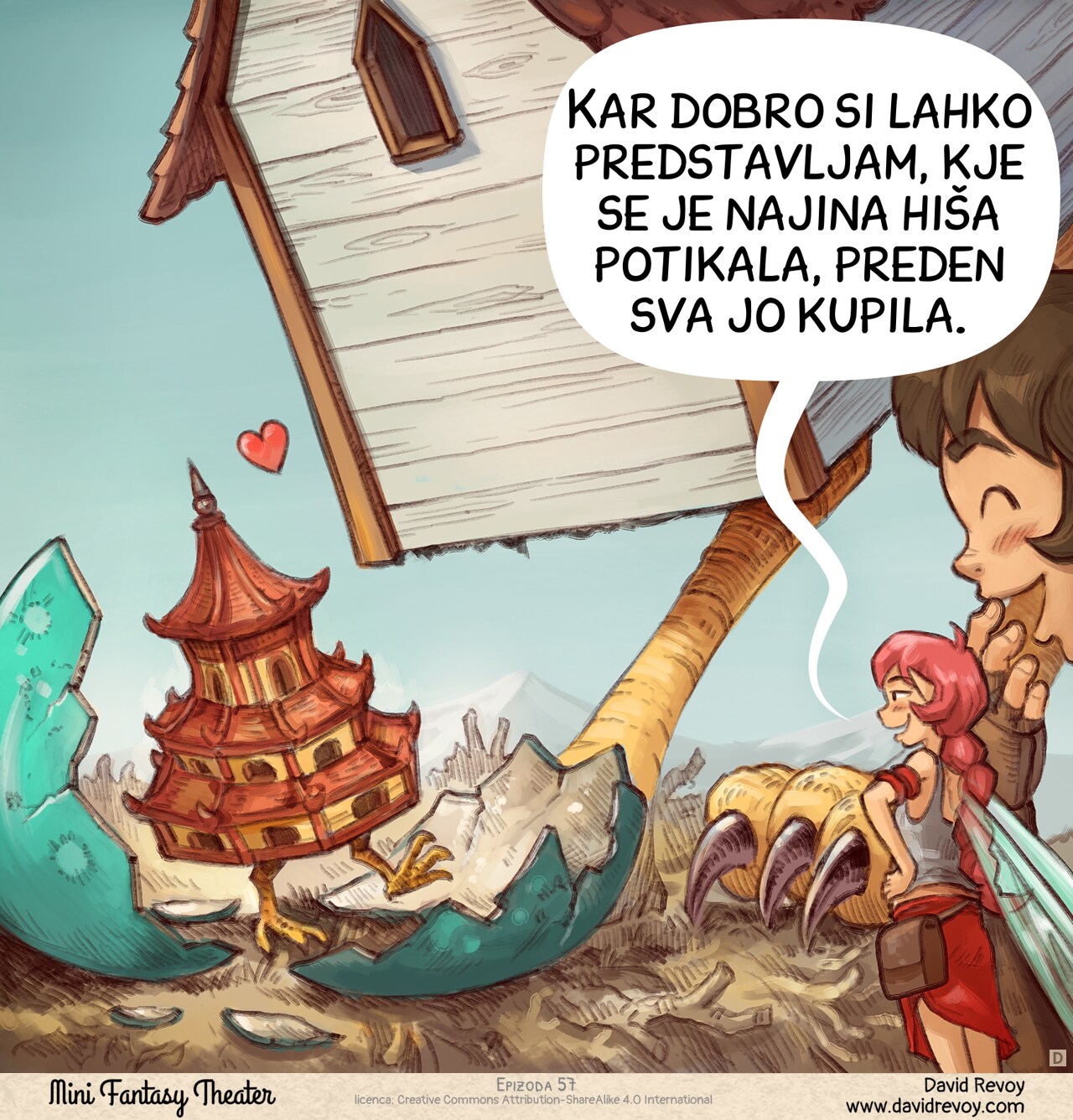Panel 4. Wide shot: the house is bending at the baby with affection, a mini Japanese pagoda with chicken legs that freshly got out of its shell. The Adventurer and Pink Fairy are laughing.  
Pink-Fairy: "I think I have a pretty good idea where our house wandered before we bought it."