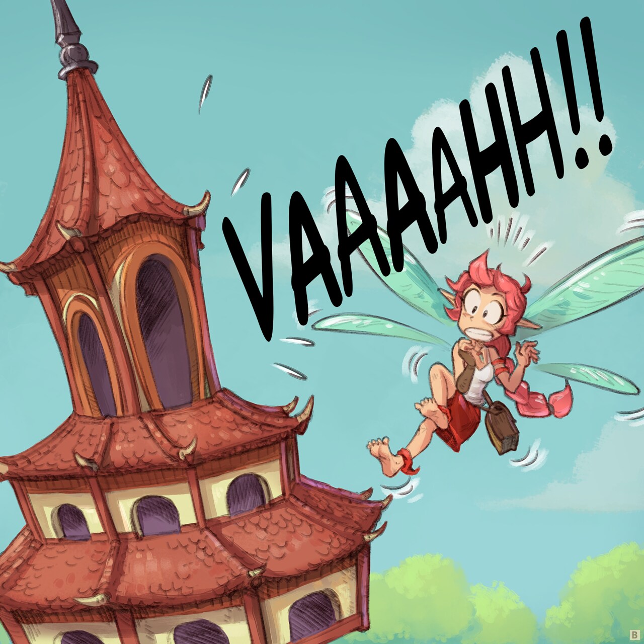 Panel 2. Same shot but closer: the pagoda screams like a baby at full volume. The Pink Fairy wasn't expecting that much noise and fly back in surprise, shocked.  
Baby Pagoda: "WAAAAAAHHHHHHH!!!!"