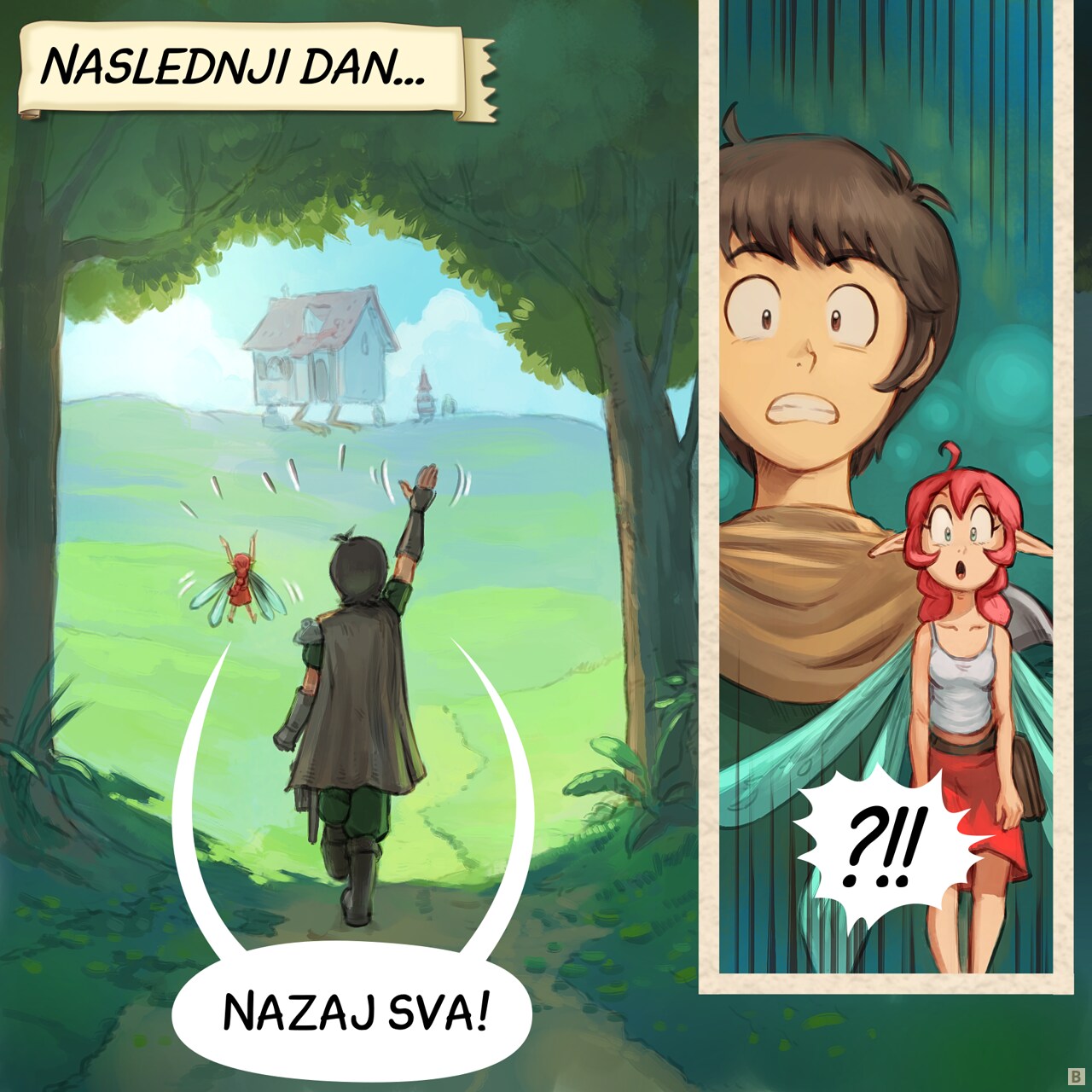 Panel 2. Morning light, the Adventurer and Pink-fairy approach the familiar silhouette of mama House and baby Pagoda at a distance, waving and excited.  
Narrator: "The next day..."  
Adventurer & Pink-Fairy: "We're back!"  
* Panel 2B. Close-up on the shocked, wide eyes of the Adventurer and Pink-fairy.  
Adventurer & Pink-Fairy: "?!!"