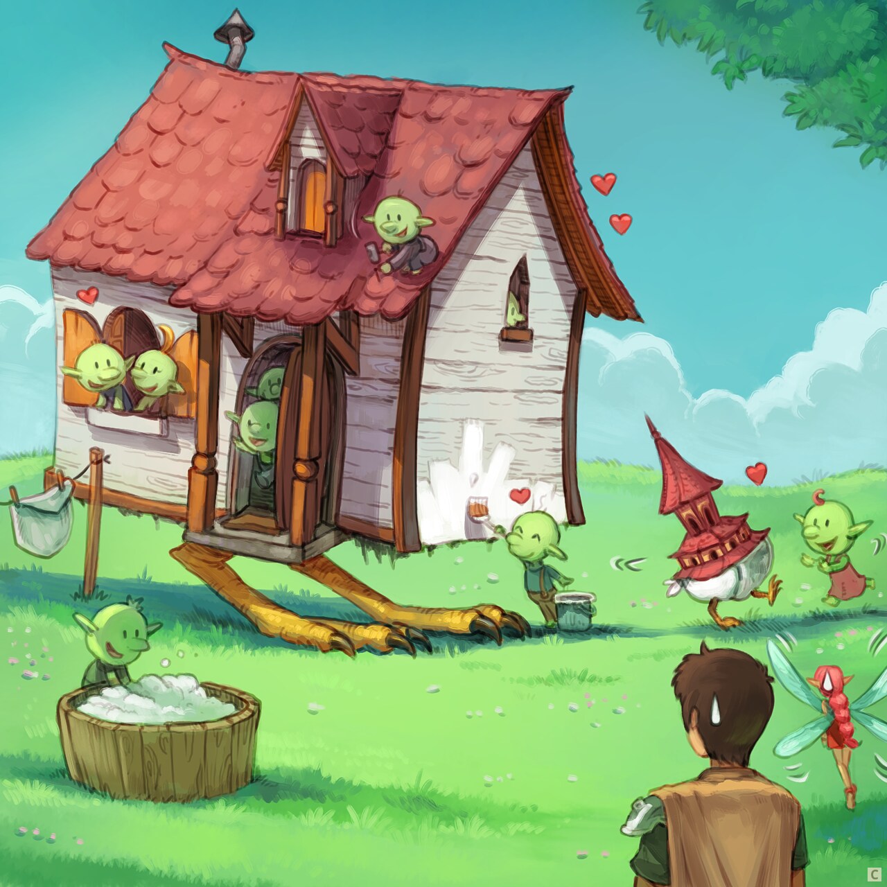 Panel 3. Wide shot: mama House and baby Pagoda are surrounded by a cheerful group of happy cute goblins. They swarm around: one wash and hangs freshly dried diapers on a clothesline, another one play and laugh with the baby creatures. Little hearts float in the air around the one at windows. It's clear the houses found a new family. In the foreground, silhouetted, the Adventurer and Pink-fairy stand frozen (and unnoticed).