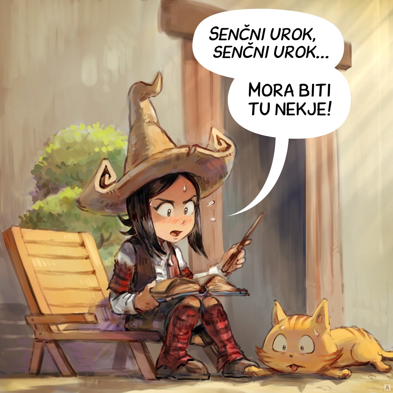 Panel 1. Pepper in hot weather, studying her magic books outside on her little terrace. Carrot is also hot.  
Pepper: "Shadow spell, shadow spell... it's gotta be in here somewhere!"