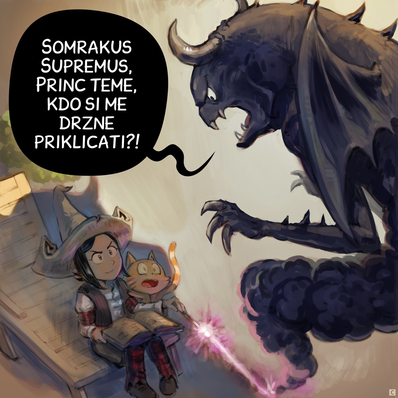 Panel 3. A dark monster appears before Pepper. She smiles, and Carrot is terrified.  
Shadowrex Supremus: "Shadowrex Supremus, Prince of Darkness, who dares summon me?!"