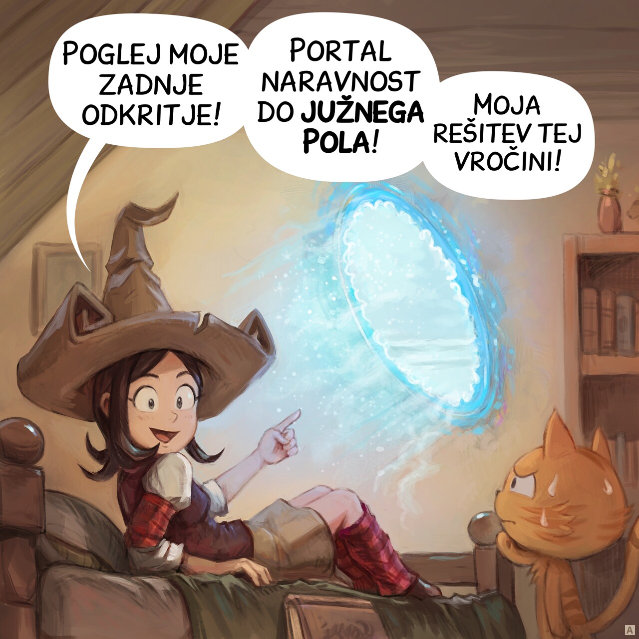 Panel 1. Pepper is lying in bed, looking proud as she shows Carrot her latest invention: a magic portal floating above the bed, blowing cold air.  
Pepper: "Check out my newest find! A direct portal to the South Pole! My solution to this heat!"