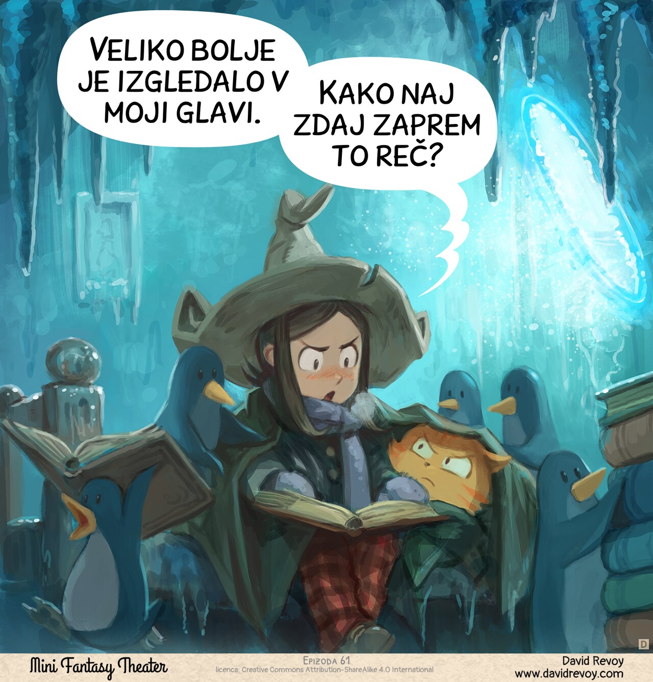 Panel 4. The room is now dark and freezing. Ice covers the walls and floor, with icicles hanging from the ceiling. The portal keeps blasting frigid wind. Pepper is bundled up in a thick scarf, gloves, and a coat, studying a heavy grimoire on her lap. She looks annoyed. Carrot's giving her a cold stare while wrapped in a blanket, clearly not happy. A dozen penguins are scattered around, curious, and reading over her shoulder, helping with grimoires.  
Pepper: "This seemed way better in my head. Now, how to turn this thing off?"