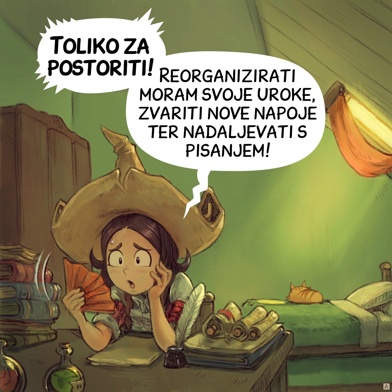 Panel 1. Pepper fans herself: she's flushed and sweating. Her bedroom is hot, with the shutter drawn. Carrot is sleeping on the bed in the background, but she's too busy with items on her desk to notice.  
Pepper: "So much to do! I need to reorganize my spells, brew new potions, get some writing done!"
