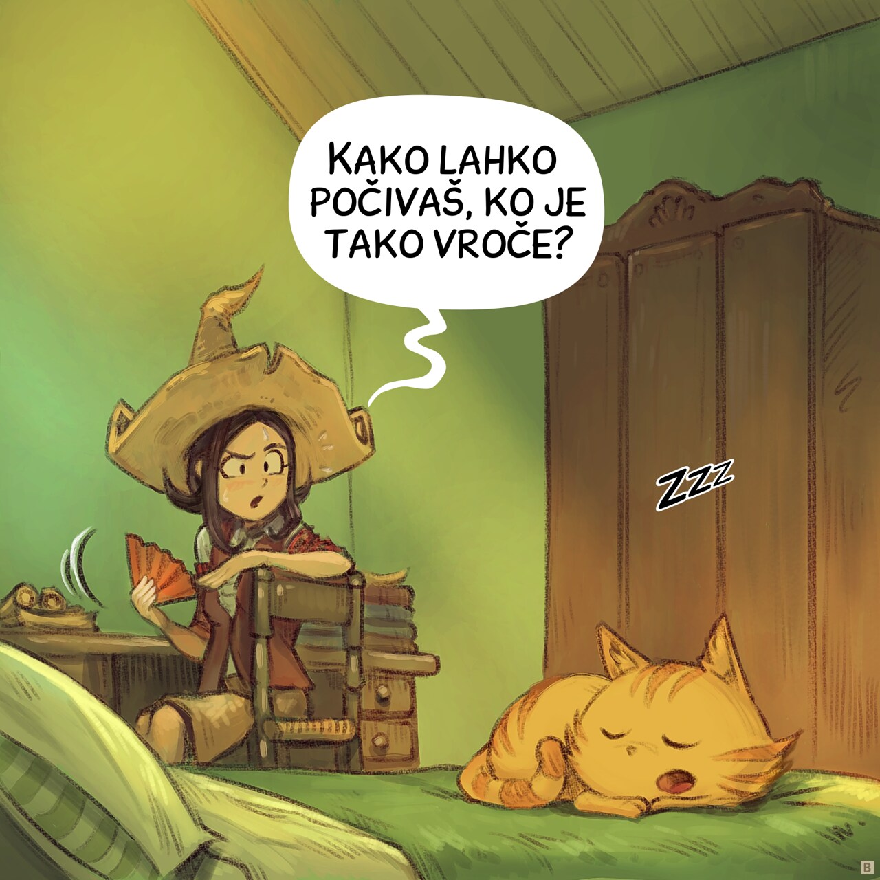 Panel 2. Pepper spins around and spots Carrot napping.  
Carrot: "Zzz"  
Pepper: "How can you just take a nap in this heat?"