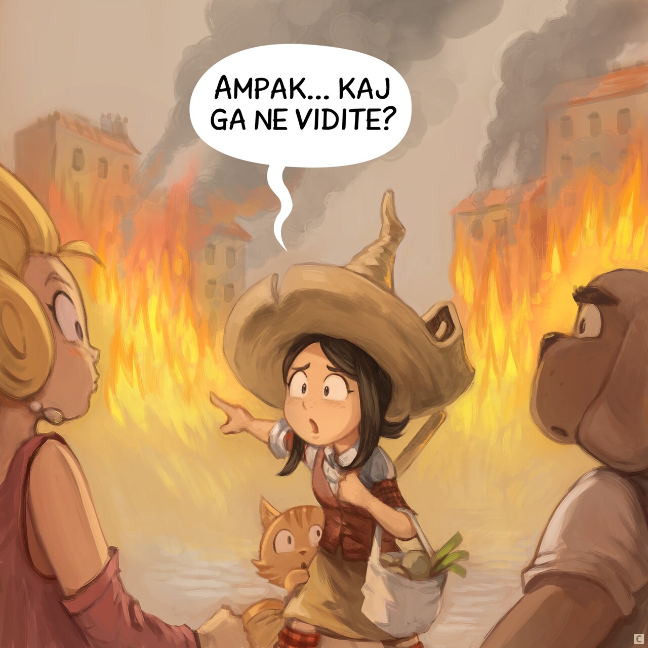 Panel 3. Pepper points at the fire in the background, to the suprise of the lady and man.  
Pepper: "But... Don't you see it?"