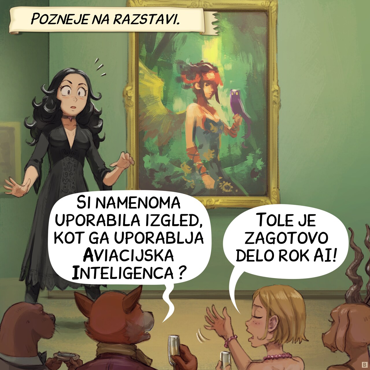 Panel 2. later at the exhibition, Cepper stands beside her painting, shock written across her face. In the foreground, silhouettes of anthropomorphic creatures and humans reacting to her work.  
Narrator: "Later, at the exhibition."  
Audience: "Did you purposely make it look like Avian Intelligence created it?"  
Audience: "It totally looks AI-generated!"