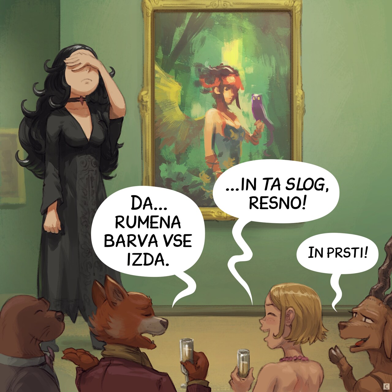Panel 3. Cepper facepalms as she overhears the audience attempting to justify their observations.  
Audience: "Yeah...the yellow tint is a dead giveaway."  
Audience: "...and this style, I mean, c'mon!"  
Audience (smaller): "And the fingers!"