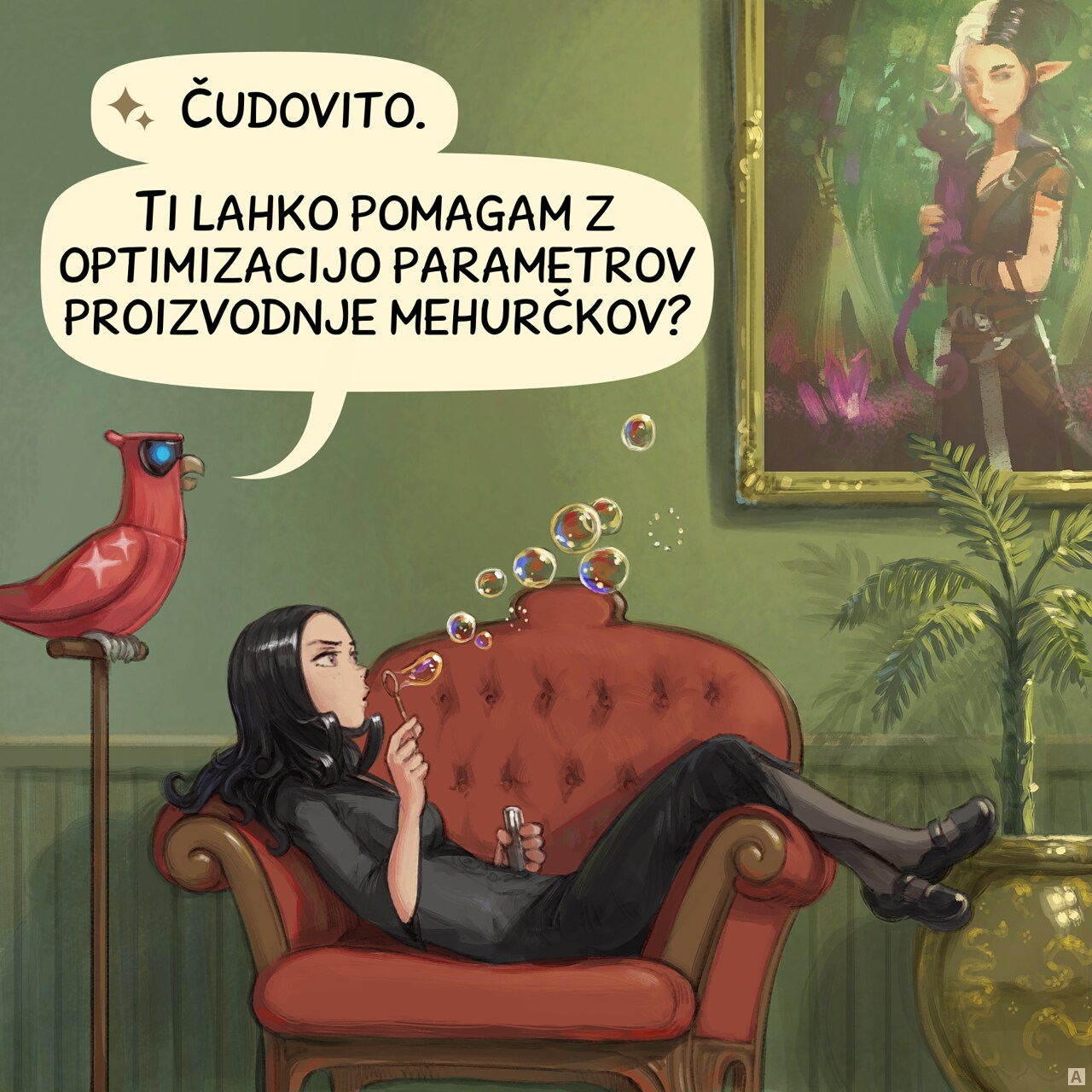 Panel 1. Cepper, the Gothic Sorceress, sits on an ornate armchair (probably in the luxuous University of Magic). Her legs dangling over the armrest. A painting on the wall, an interior plants. She blows a stream of soap bubbles, her expression focused but distant. Her Avian Intelligence Parrot perches nearby; curious.  
AI Parrot: Beautiful. Can I assist optimizing your bubble-production parameters?