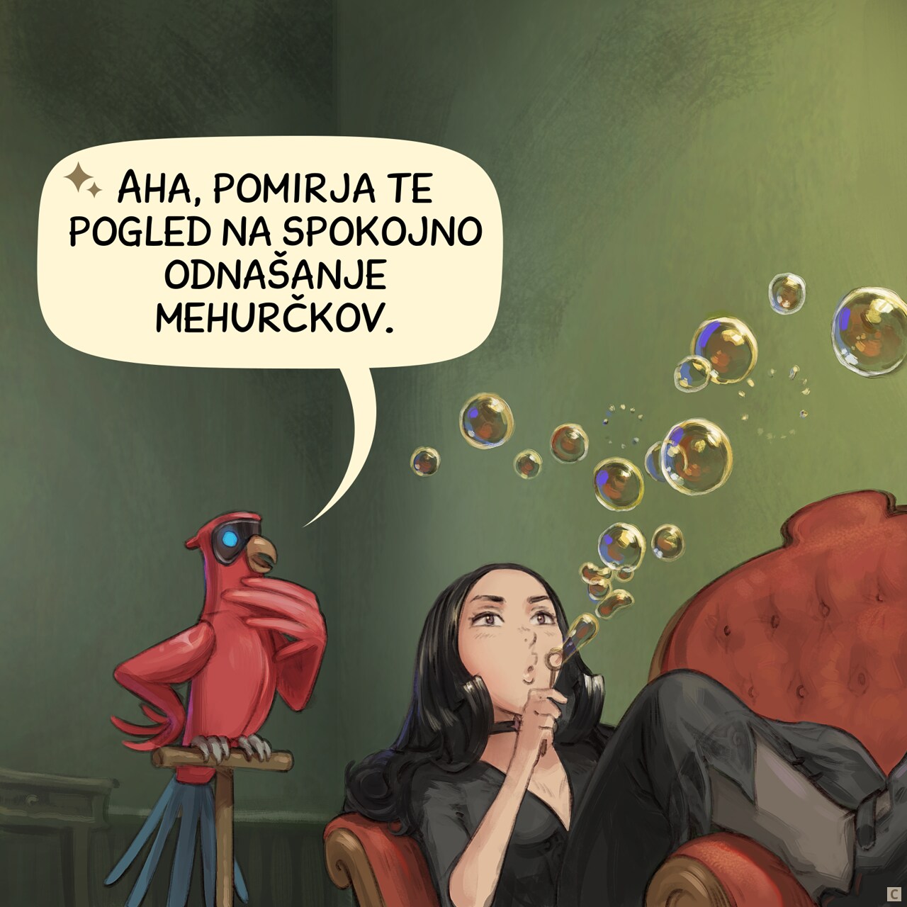 Panel 3. Cepper blows a new stream of bubble while the AI Parrot tries very hard to understand this human activity.  
AI Parrot: Ah, so you find relaxation in watching the bubbles float away peacefully.