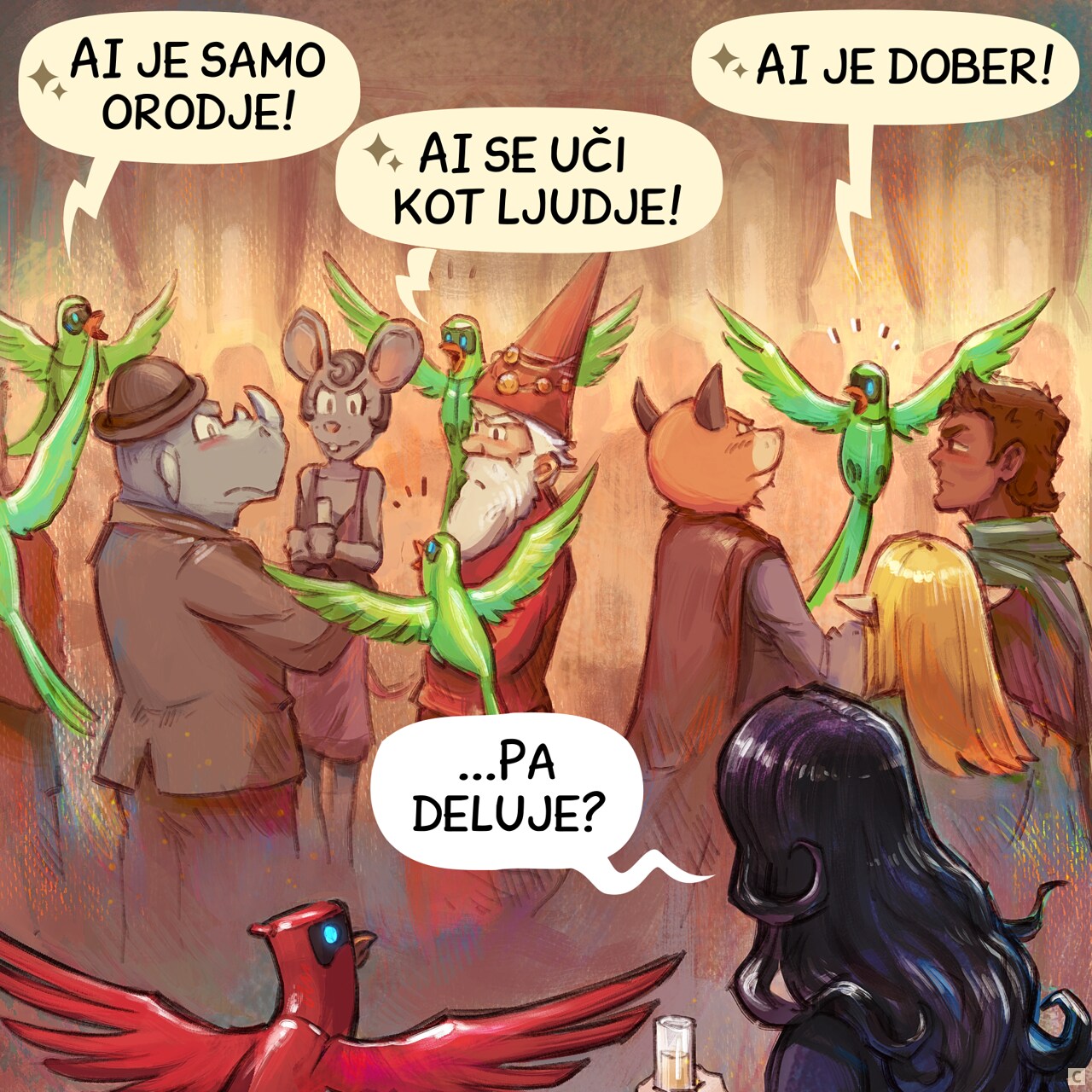 Panel 3. A similar shot to the previous panel, but now people are growing angry at the minion parrots who interrupted their discussions. Cepper and her AI parrot simply observe the scene.  
AI Parrot minion (1): "AI is just a tool!"  
AI Parrot minion (2): "AI learns like humans do!"  
AI Parrot minion (3): "AI is good!"  
Cepper: "...Is it working?"