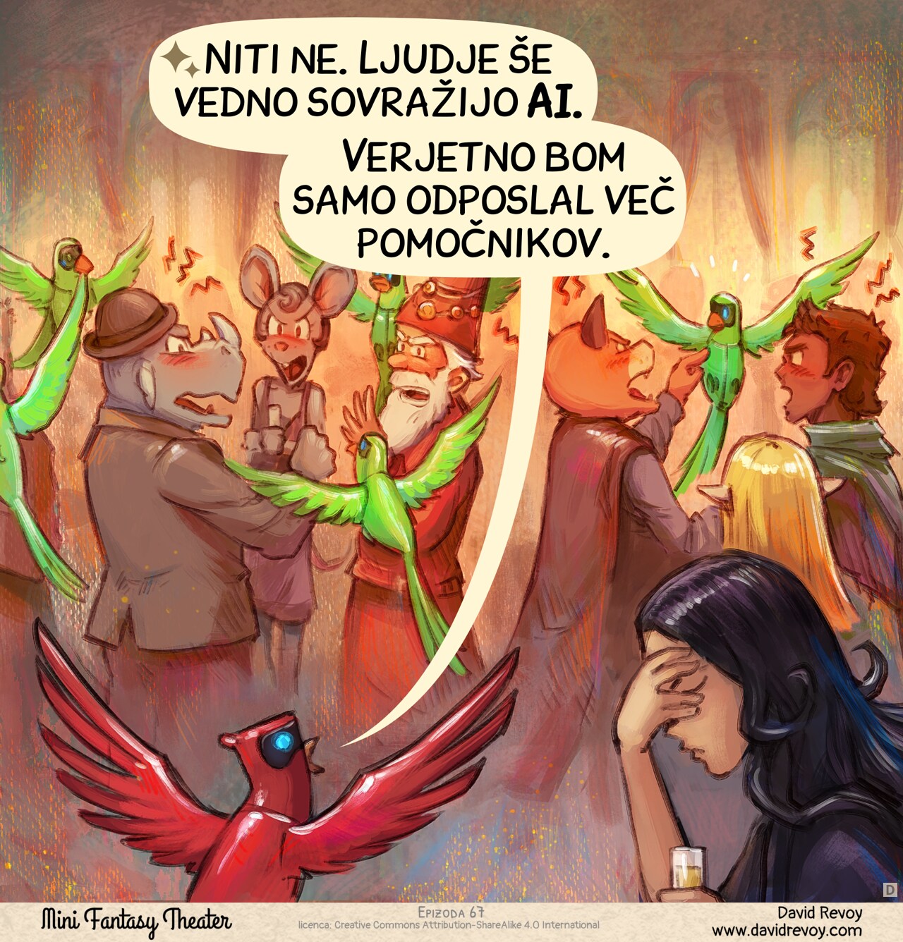 Panel 4. In a similar shot, the crowd is now furious, screaming at the minions. The Parrot remains optimistic while Cepper is facepalming.  
Parrot: "No, people still hate AI. I guess I'll just deploy more minions."