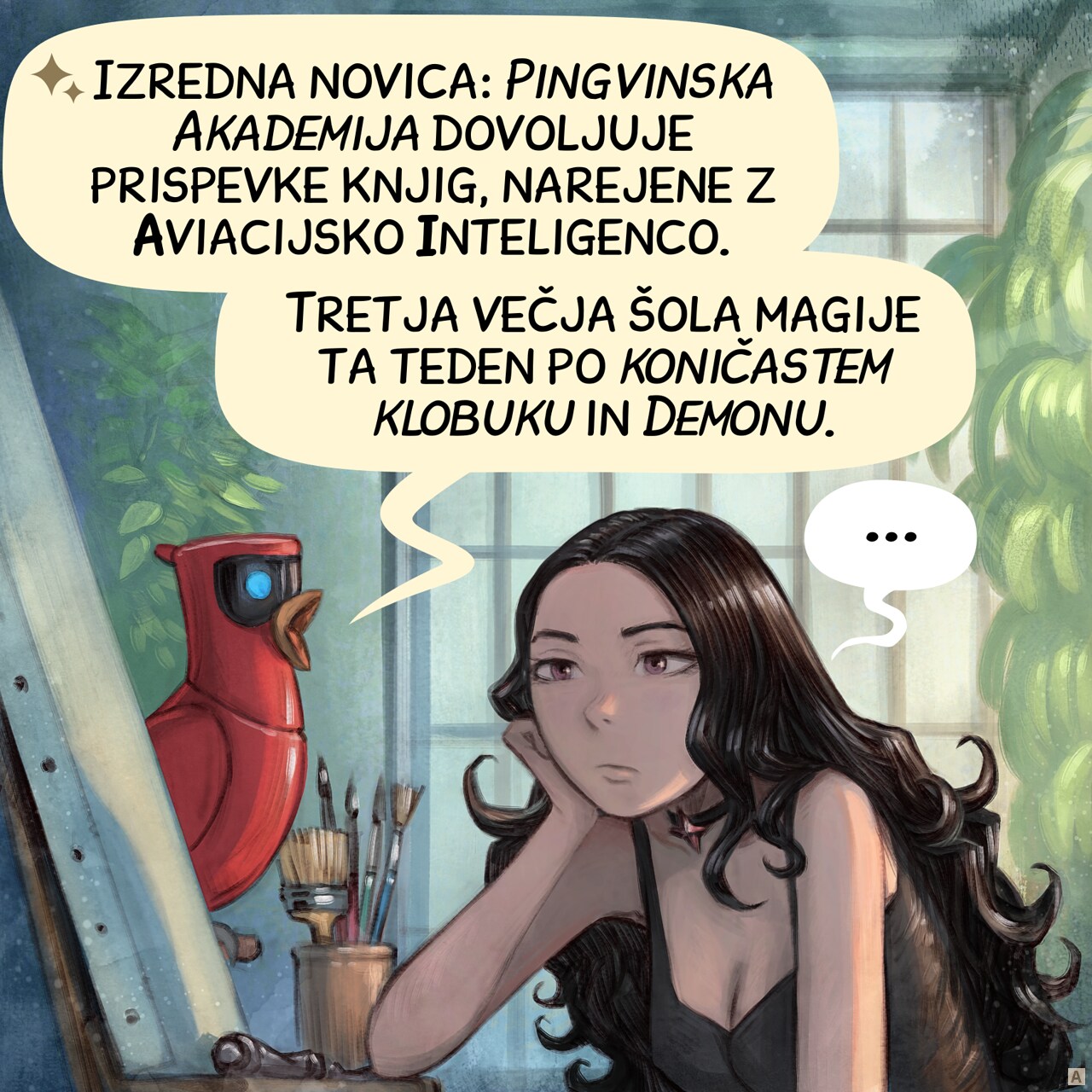 Panel 1. Cepper, the gothic sorceress, stands on her high chair, in her painting workshop, with an empty canvas in front of her on the easel. Her expression is blank, staring in the void. On his perch nearby, her Avian Intelligence (AI) Parrot speaks out loud a notification.  
Parrot: "Breaking news: *Penguin Academy* authorizes grimoire contributions made with Avian Intelligence."  
Parrot: "Third major magic school this week after the *Pointy Hat* and *Daemon*."  
Cepper: "..."
