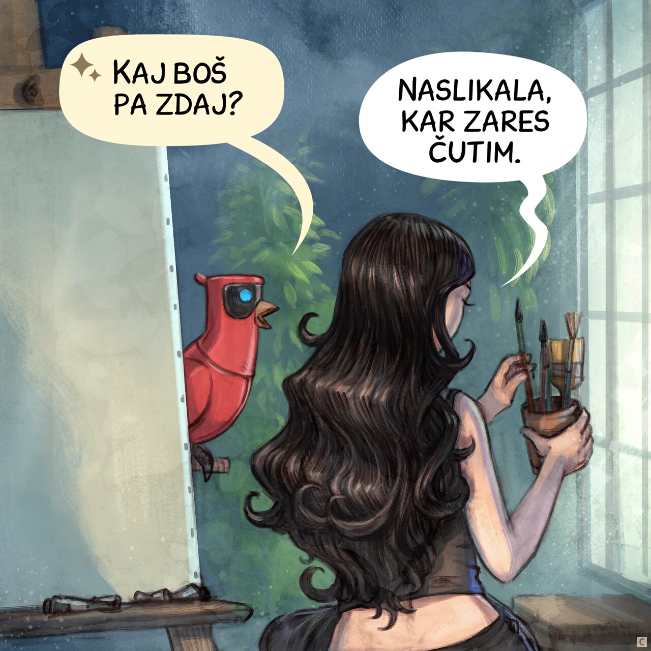 Panel 3. General shot in the workshop, Parrot process while Cepper slowly pick one brush from a pot aside of the canvas.  
Parrot: "So what are you going to do?"  
Cepper: "Paint what I actually feel."