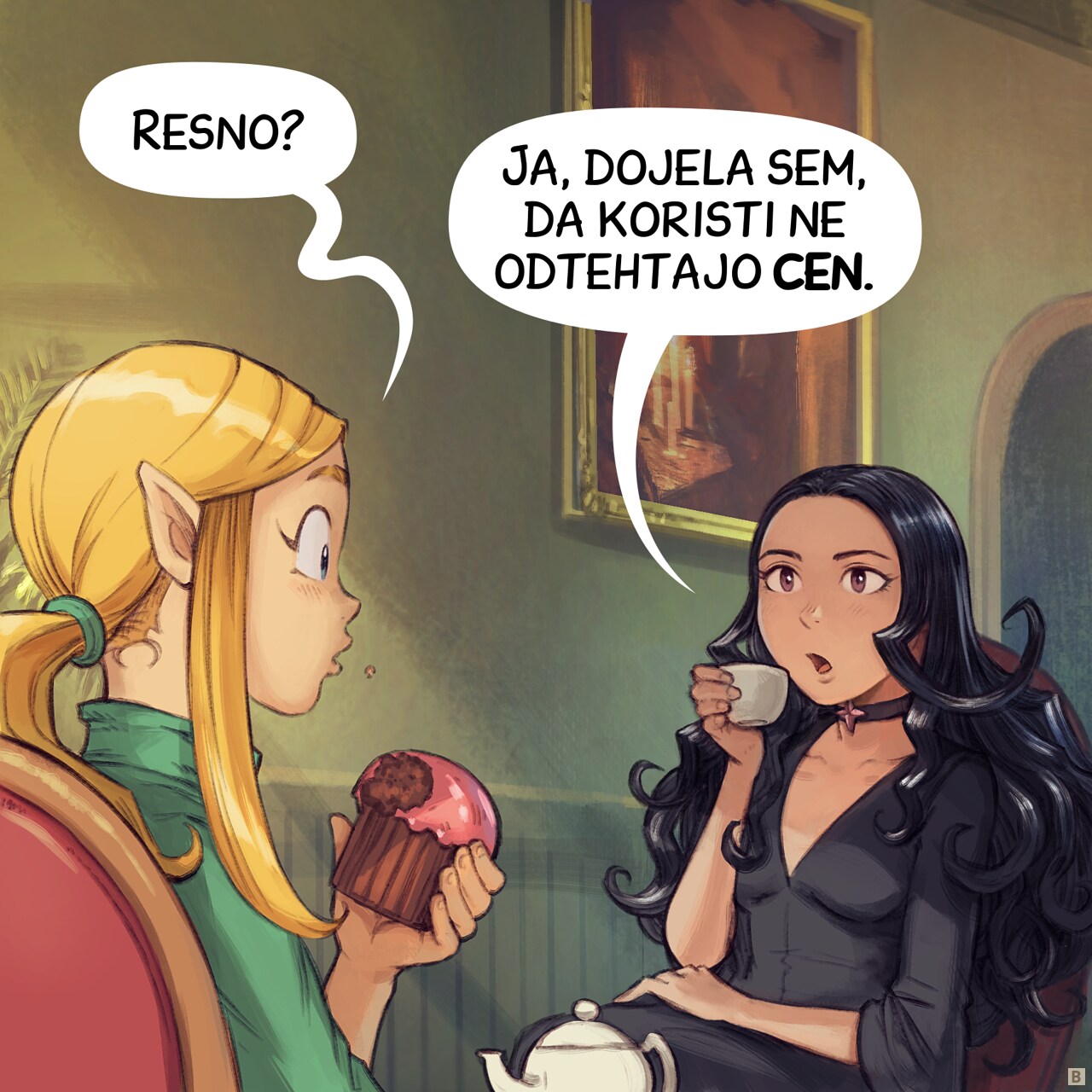 Panel 2. Amall is now curious, while Cepper explains herself, a cup of tea in her hand.  
Amall: "Really?"  
Cepper: "Yeah, I realized the benefits weren't worth the costs."