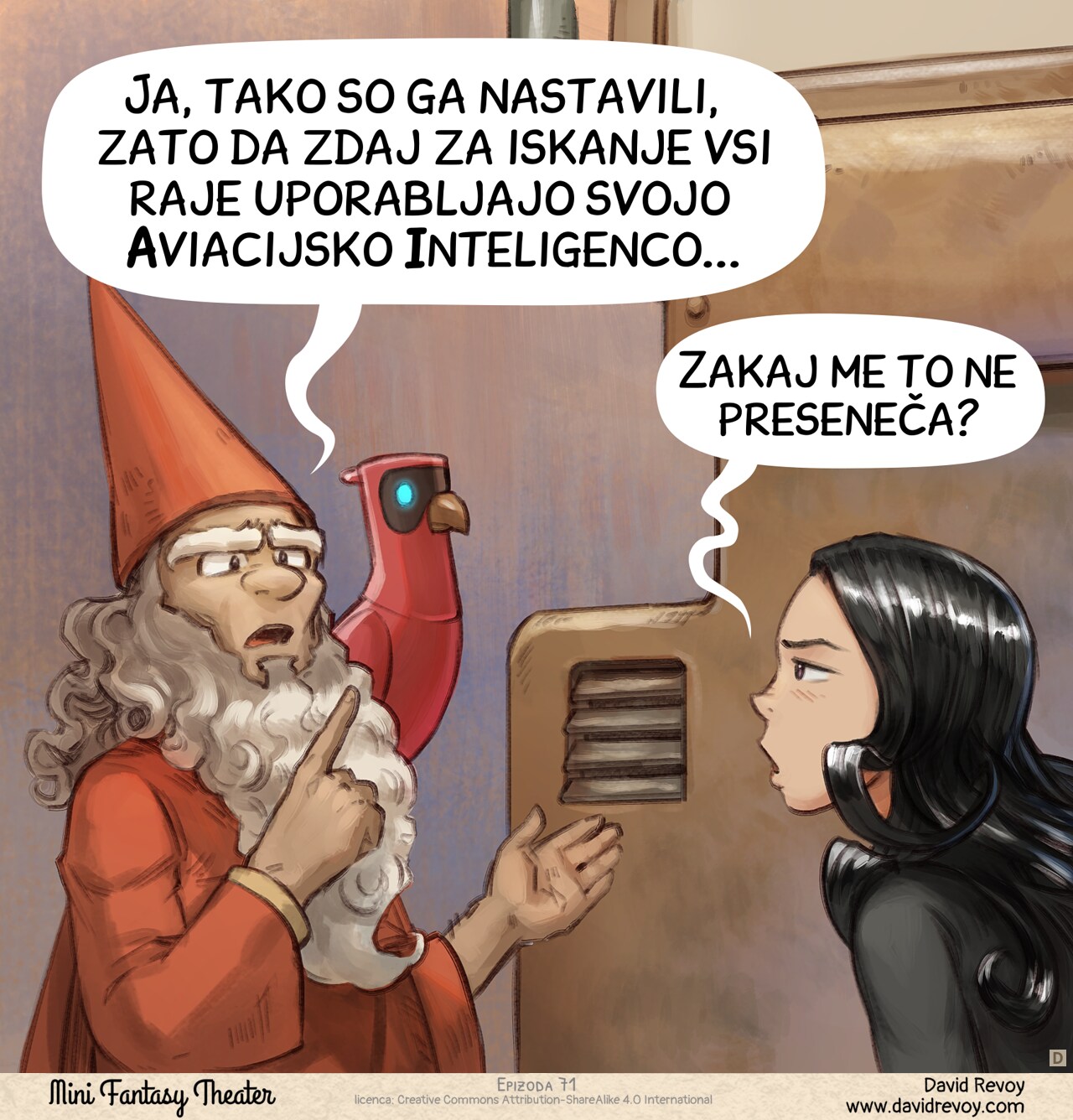 Panel 4. A librarian approaches, their AI Parrot perched on their shoulder, pointing it. Cepper looks defeated, her eyes blasé.
Librarian: "Yeah, they tuned it this way so everyone just uses their Avian Intelligence for searching now..."
Cepper: "...How unsurprising."