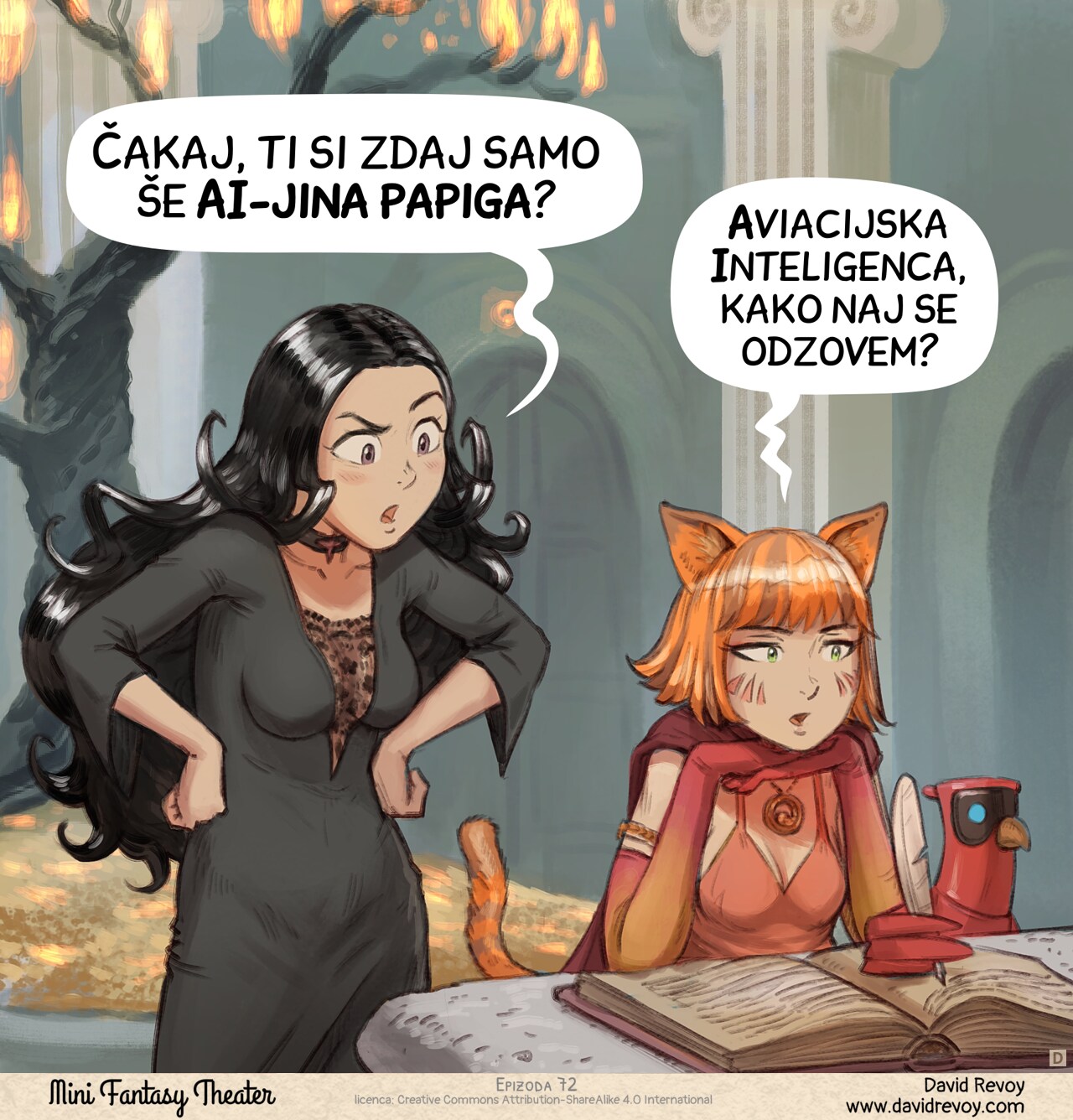 Panel 4. Cepper, is intrigued but asks seriously while the scholar maintains her dead-inside expression.  
Cepper: "Wait, you're simply just an AI meat proxy now, aren't you?"  
Scholar: "Avian Intelligence, tell me how to reply to that."