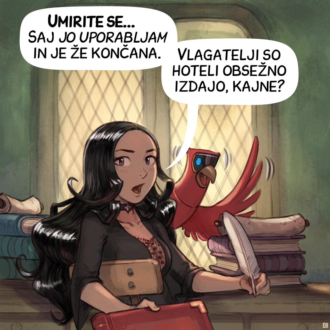 Panel 3. Cepper turns in her chair to face the headmaster, revealing the AI Parrot on her desk. She offers a large grimoire to the headmaster (the book remains off-screen).  
Cepper: "Calm down... I *am* using it, and it's already done."  
Cepper: "The investors wanted high-volume output, right?"