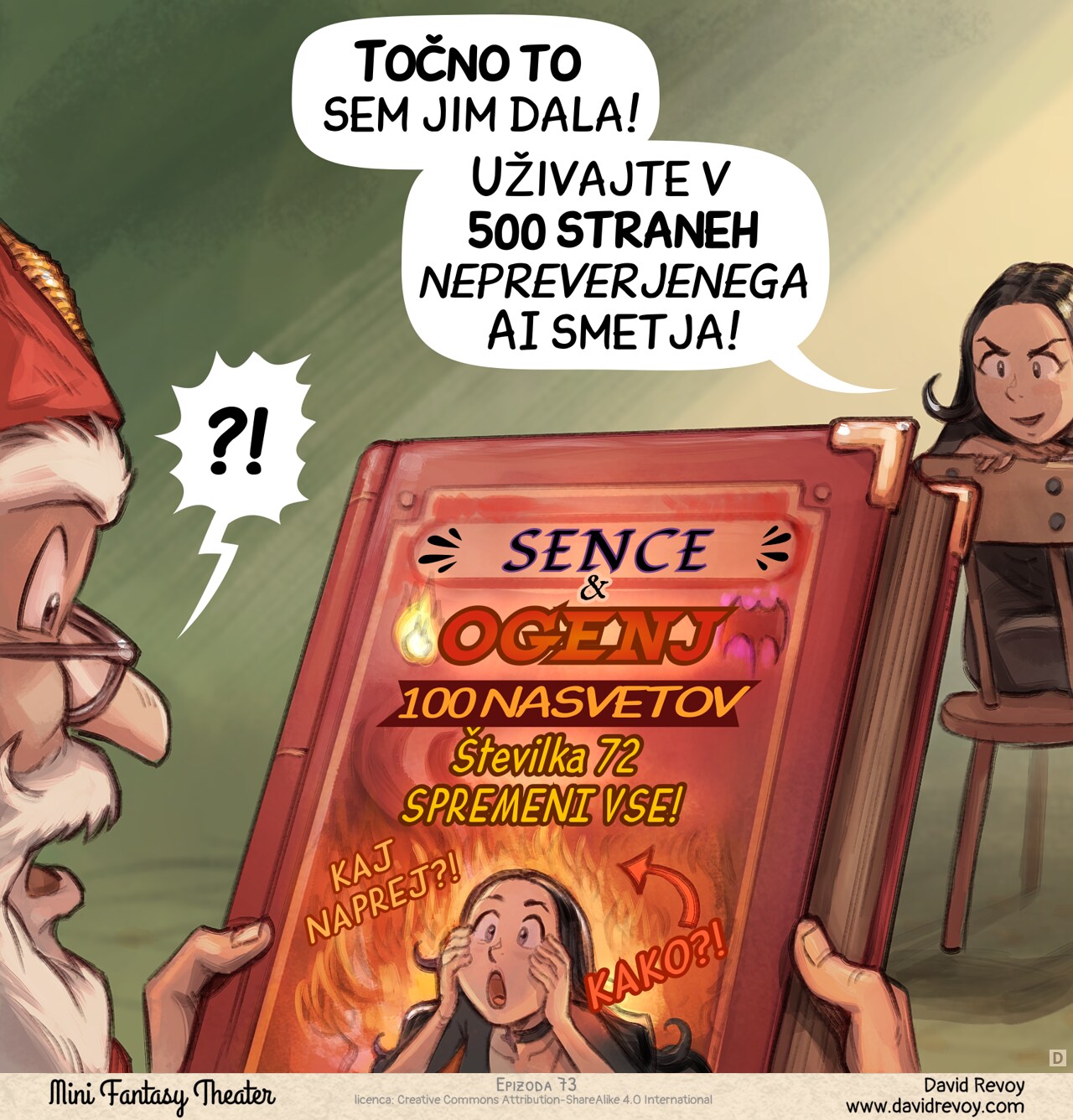 Panel 4. The headmaster is now holding the book, and the audience can see the cover. The cover features Cepper's face with a dramatic, clickbait-style background. The title is in bold: "Shadows and Fire: 100 Tips (Number 72 is a Game Changer!)". There is a big arrow pointing to a fire with the word "HOW?!" in giant letters and also "WHAT'S NEXT?!". The headmaster is surprised. Cepper She has a dark, malicious smile.  
Cepper: "I've given them exactly that!"  
Cepper: "Enjoy the 500 pages of untested slops!"  
Headmaster: "?!"