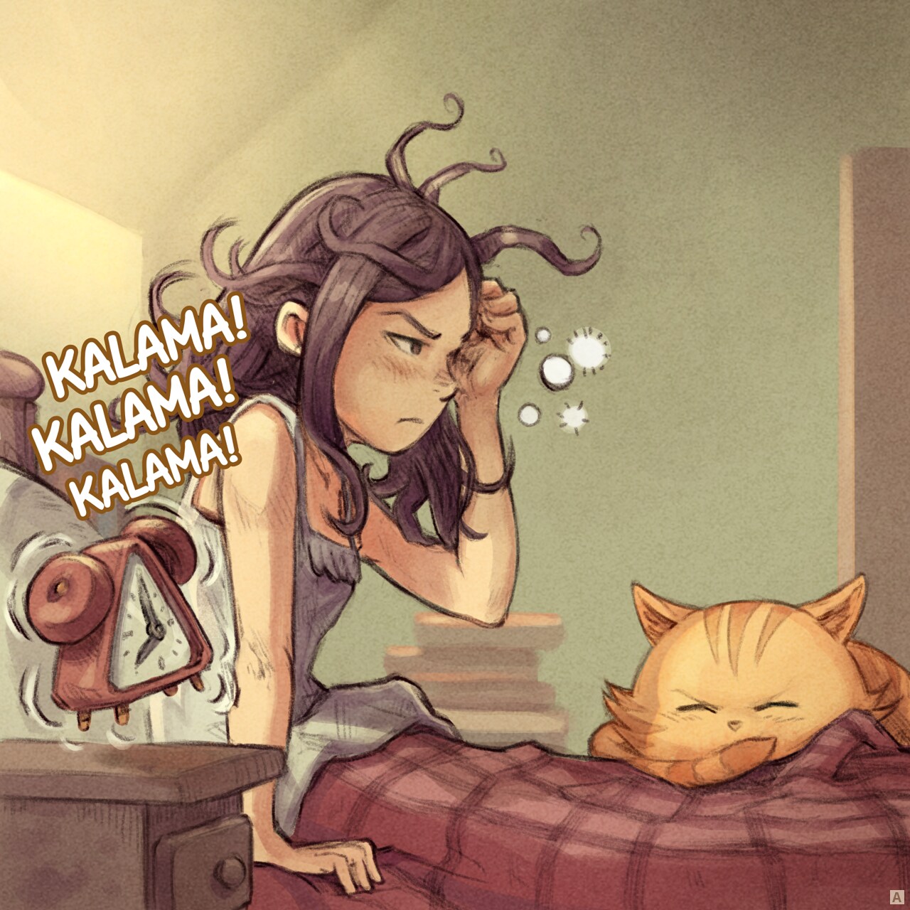 leko #1: jan Pepa li kama tan lape. linja lawa ona li nasa. ona li pilin utala. soweli Kawa kin li lon supa lape. lipu mute li lon supa poka. ilo kalama li kalama.
kalama (ilo kalama): KALAMA! KALAMA! KALAMA!