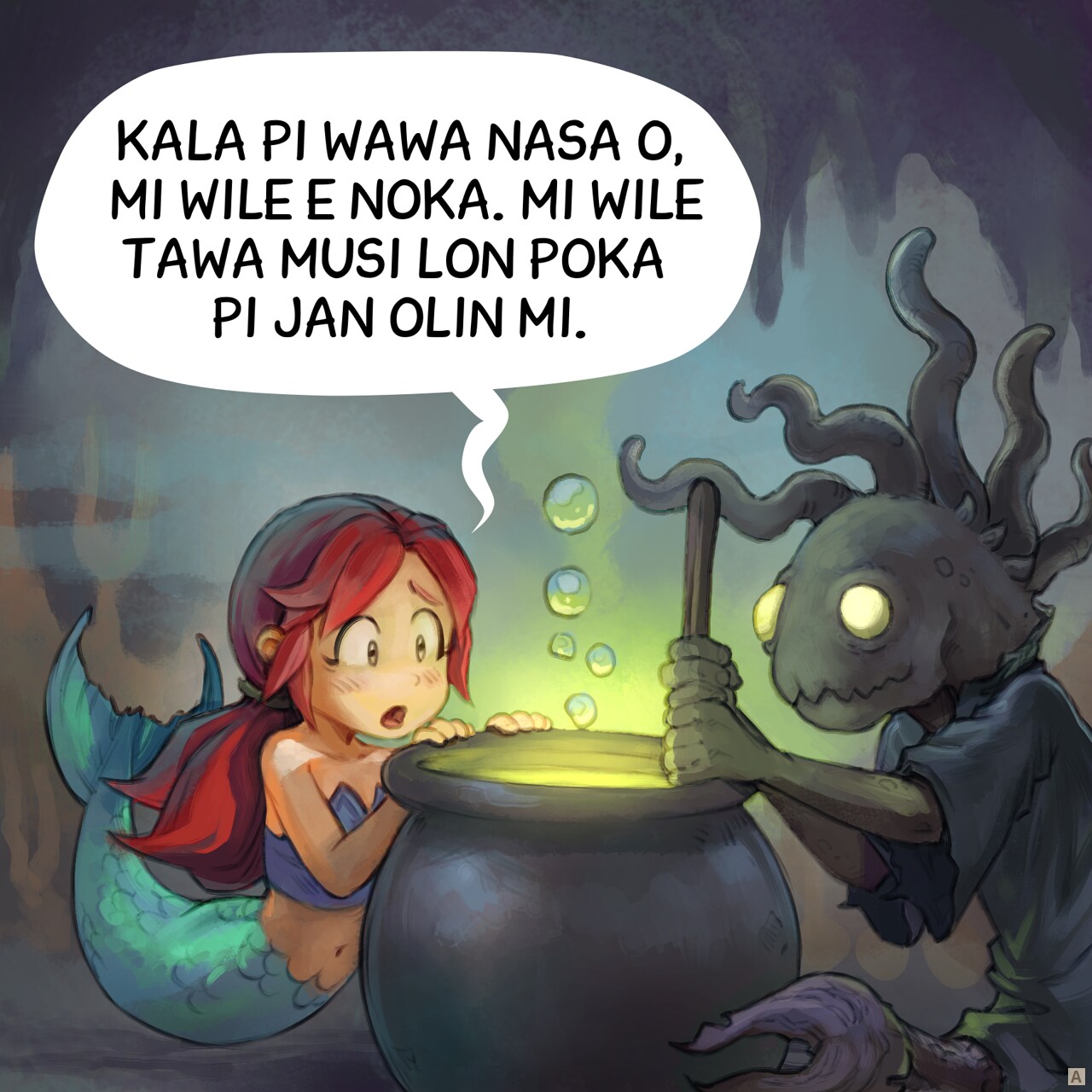 leko #1: lon anpa telo la, jan kala suwi li toki tawa kala pimeja pi wawa nasa.
jan kala: kala pi wawa nasa o, mi wile e noka. mi wile tawa musi lon poka pi jan olin mi.