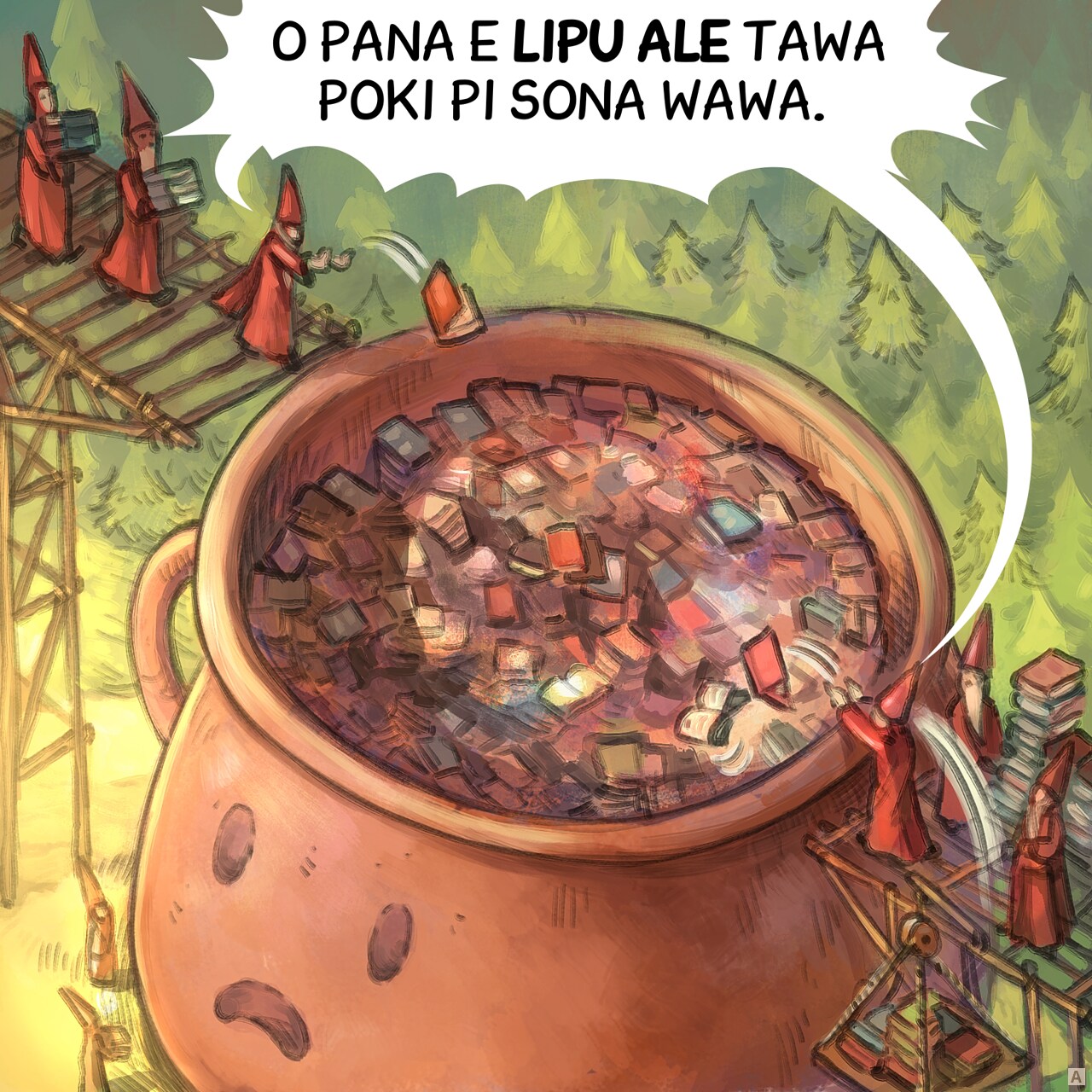 leko #1: jan mute pi wawa nasa li kama lon poka sewi pi poki suli. ona li pana e lipu mute tawa insa poki.
jan mute: o pana e lipu ale tawa poki pi sona wawa.