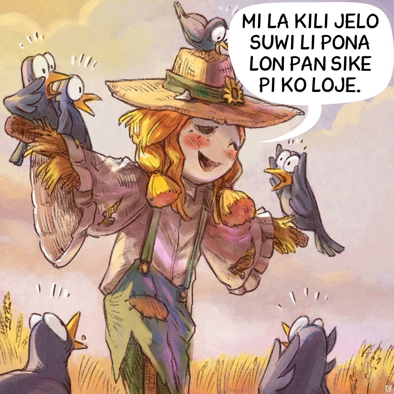 leko #3: jan kasi li toki. waso li kama pilin monsuta.
jan kasi: mi la, pan sike pi kili suwi li pona.