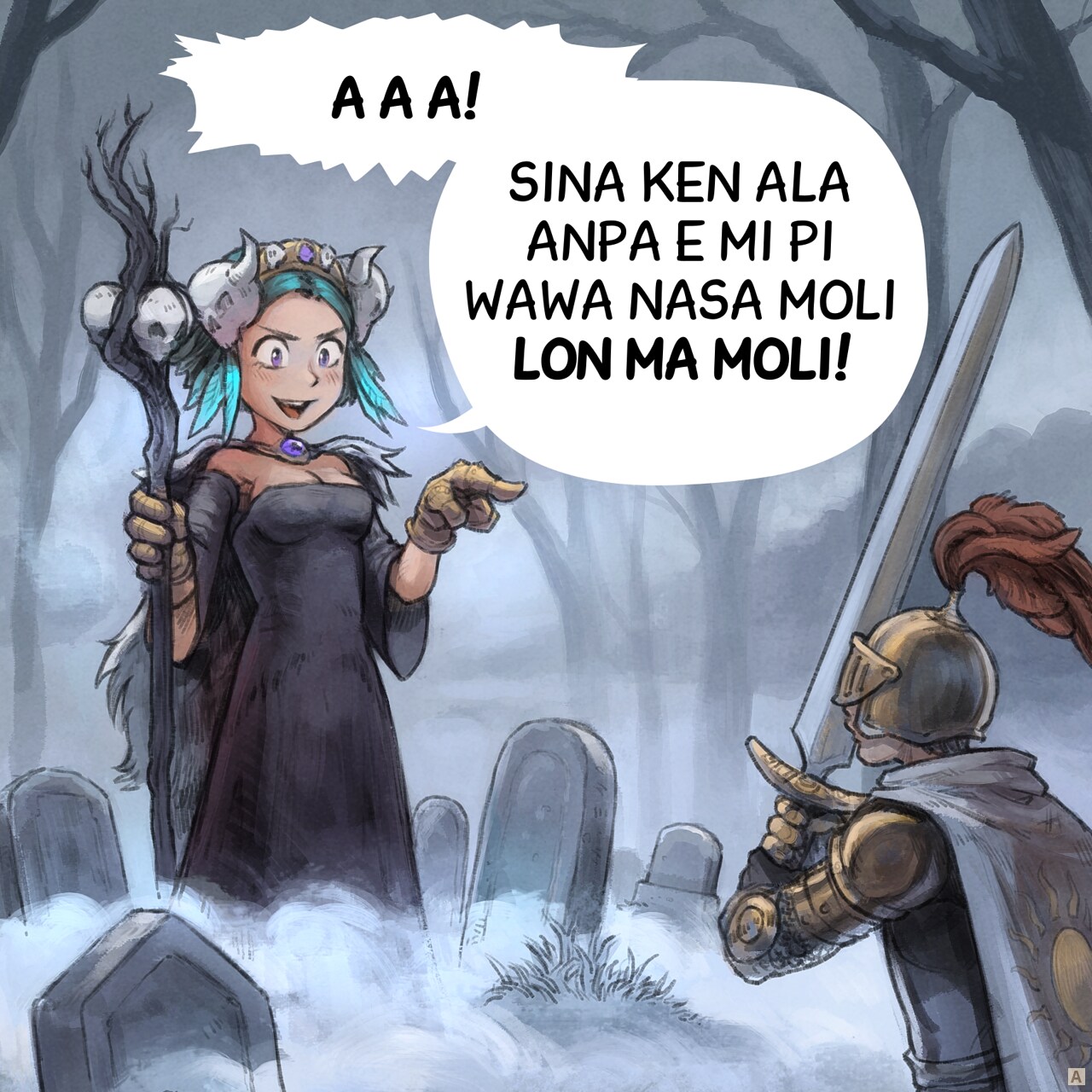 leko #1: meli pi wawa nasa moli li lon sinpin pi jan utala. ona tu li lon ma pi poki moli.
meli: a a a! sina ken ala anpa e mi pi wawa nasa moli lon ma moli!