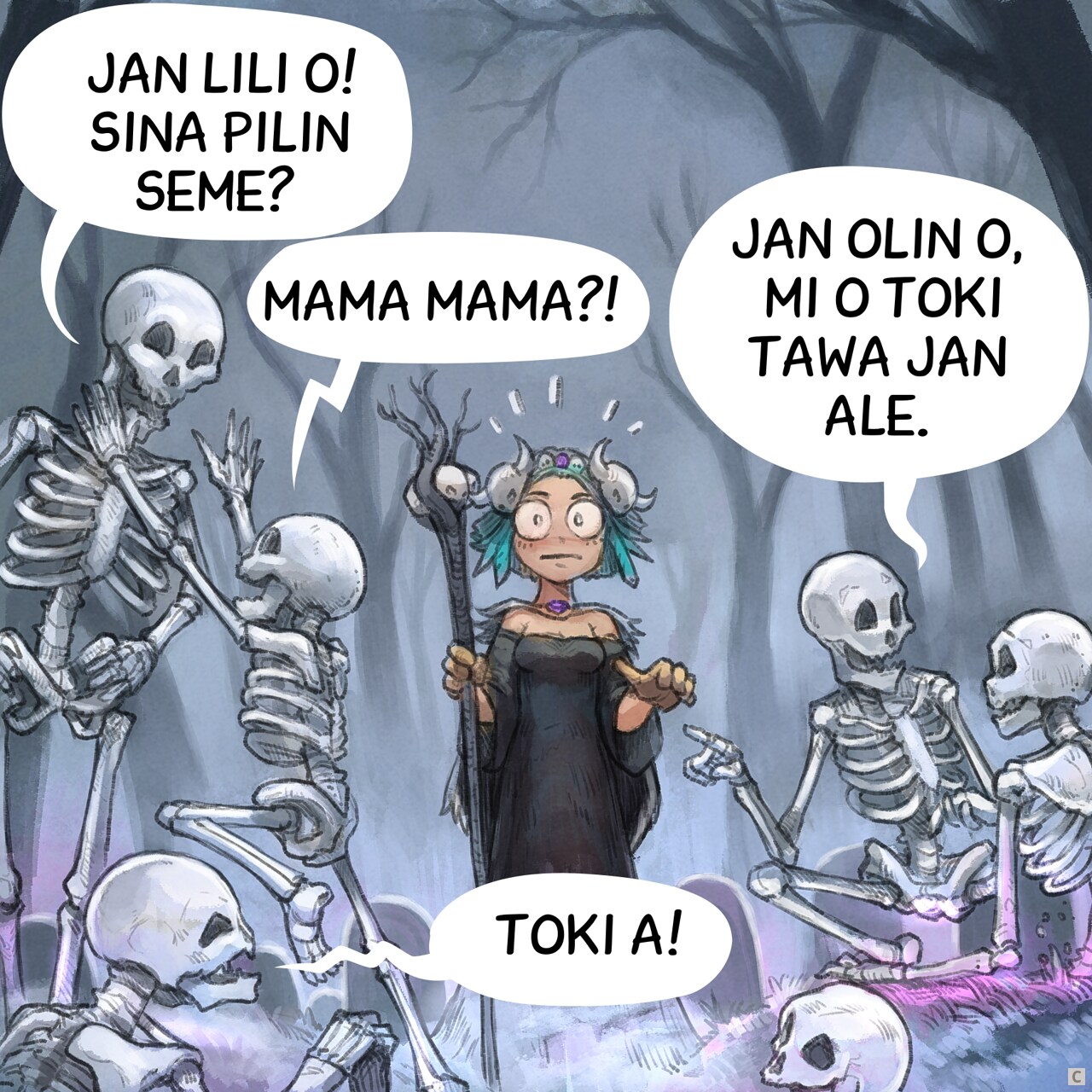 leko #3: jan moli li lukin e ona ante. ona li toki tan pilin pona. ni li nasa e pilin meli.
jan moli #1: jan lili o! sina pilin seme?
jan moli #2: mama mama?!
jan moli #3: jan olin o, mi o toki tawa jan ale.
jan moli #4: toki a!