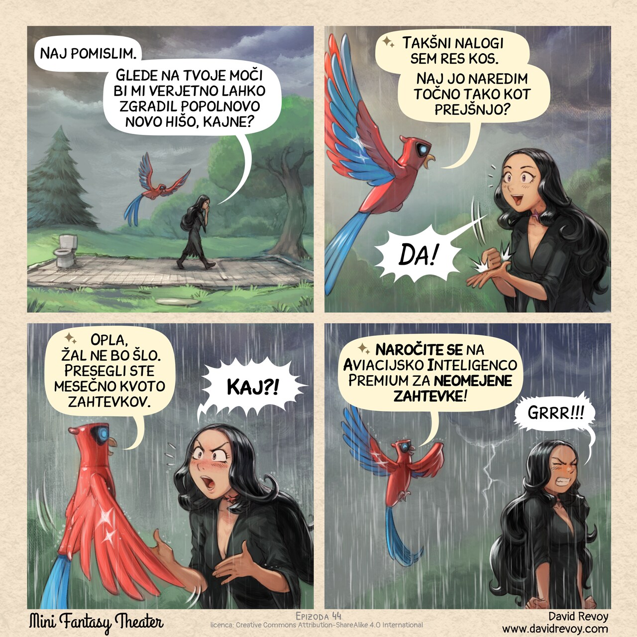 # The first dose is free...
A comic in four panels:

Panel 1. The Gothic Sorceress paces back and forth on the foundation of her house: all that remains are the floor tiles and the outlines of the walls. The Avian Intelligence (AI) flies while watching her. In the distance, a storm is approaching: lightning streaks across the sky.  
Gothic Sorceress: “Let’s think about this. Given your powers, you can probably build me a brand-new house, right?”  

Panel 2. Close-up: the stoic Avian Intelligence and the Gothic Sorceress, cheerful and excited by the good news, as a few raindrops fall.  
Avian Intelligence: “That is indeed a task I can handle. Shall I make it just like the one before?”  
Gothic Sorceress: “Yes!”

Panel 3. Same shot, Avian Intelligence seems to have shifted into a different mode. The Gothic Sorceress is shocked and protests, exclaiming.  
Avian Intelligence: “Oops, I can't. You have exceeded your request quota for this month.”  
Gothic Sorceress: “WHAT?!”

Panel 4. Under now heavy rain, the Gothic Sorceress has turned her back and is trying to contain her intense anger, clenching her fists. Avian Intelligence continues its sales pitch:  
Avian Intelligence: “Subscribe now to Avian Intelligence Premium for unlimited requests!”  
Gothic Sorceress: “Grrr!!!!”

