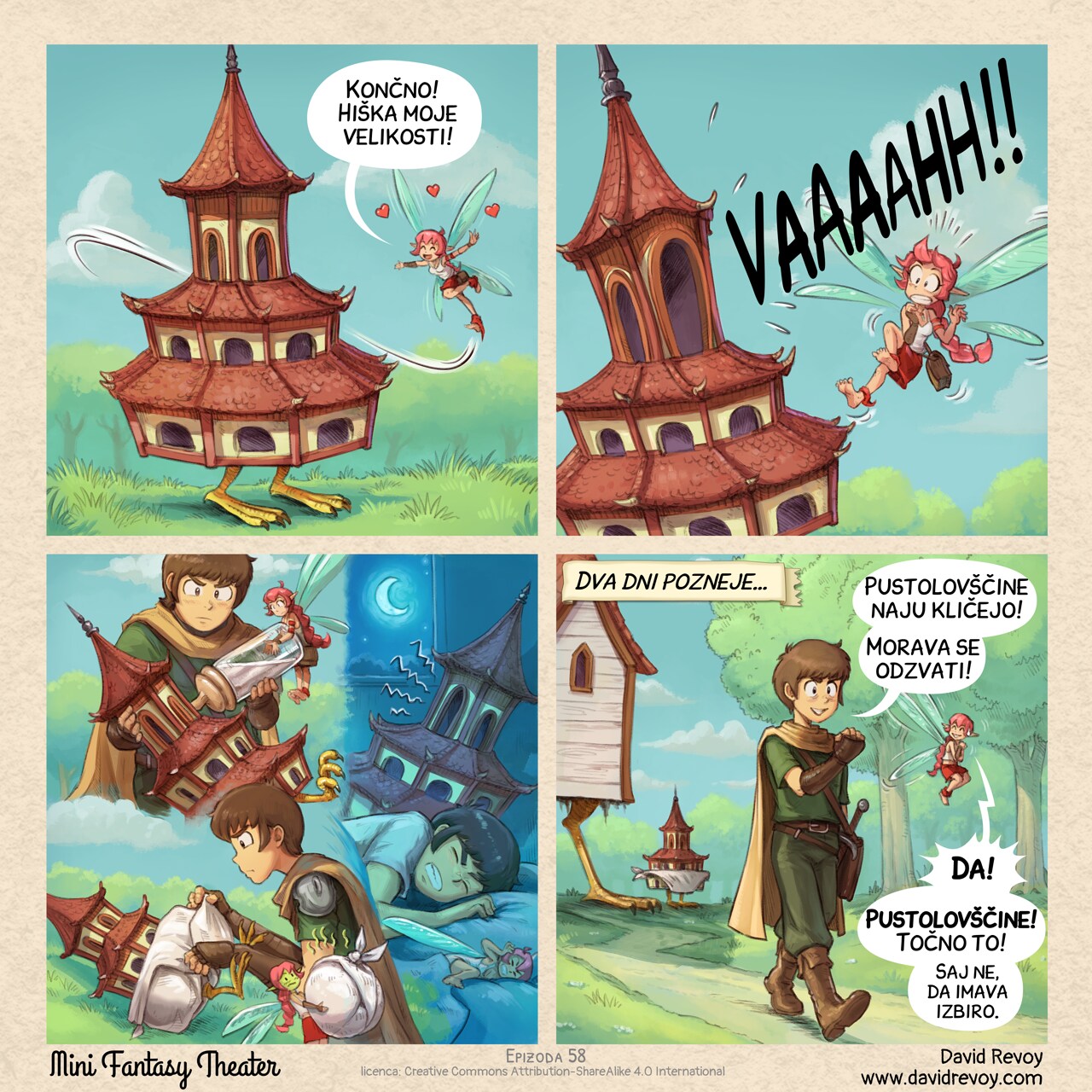 # Adventure Calls (Clearly)
A comic in four panels:  

Panel 1. The Pink-Fairy is thrilled and fly with a large smile around the little pagoda on her chicken feet.   
Pink-Fairy: "Finally, a building my size!"  

Panel 2. Same shot but closer: the pagoda screams like a baby at full volume. The Pink Fairy wasn't expecting that much noise and fly back in surprise, shocked.  
Baby Pagoda: "WAAAAAAHHHHHHH!!!!"  

Panel 3. Montage: the Adventurer feeding the pagoda with a large baby bottle, then the Adventurer changing diapers while the fairy is green of disgust transporting the smelly used one, and last, at night the baby screaming keeping them from sleeping...  

Panel 4. By morning two days later, the Adventurer and the Pink-Fairy leave the Chicken-Footed House and its mini pagoda, walking away proud as if an important mission were calling to them. The house and baby pagoda in the distance don't understand and watch them walk away.  
Narrator: "Two days later..."  
Adventurer: "Adventure calls to us! We must answer!"  
Pink-Fairy: "Yes! Adventure! Clearly that! Not like we have a choice."
