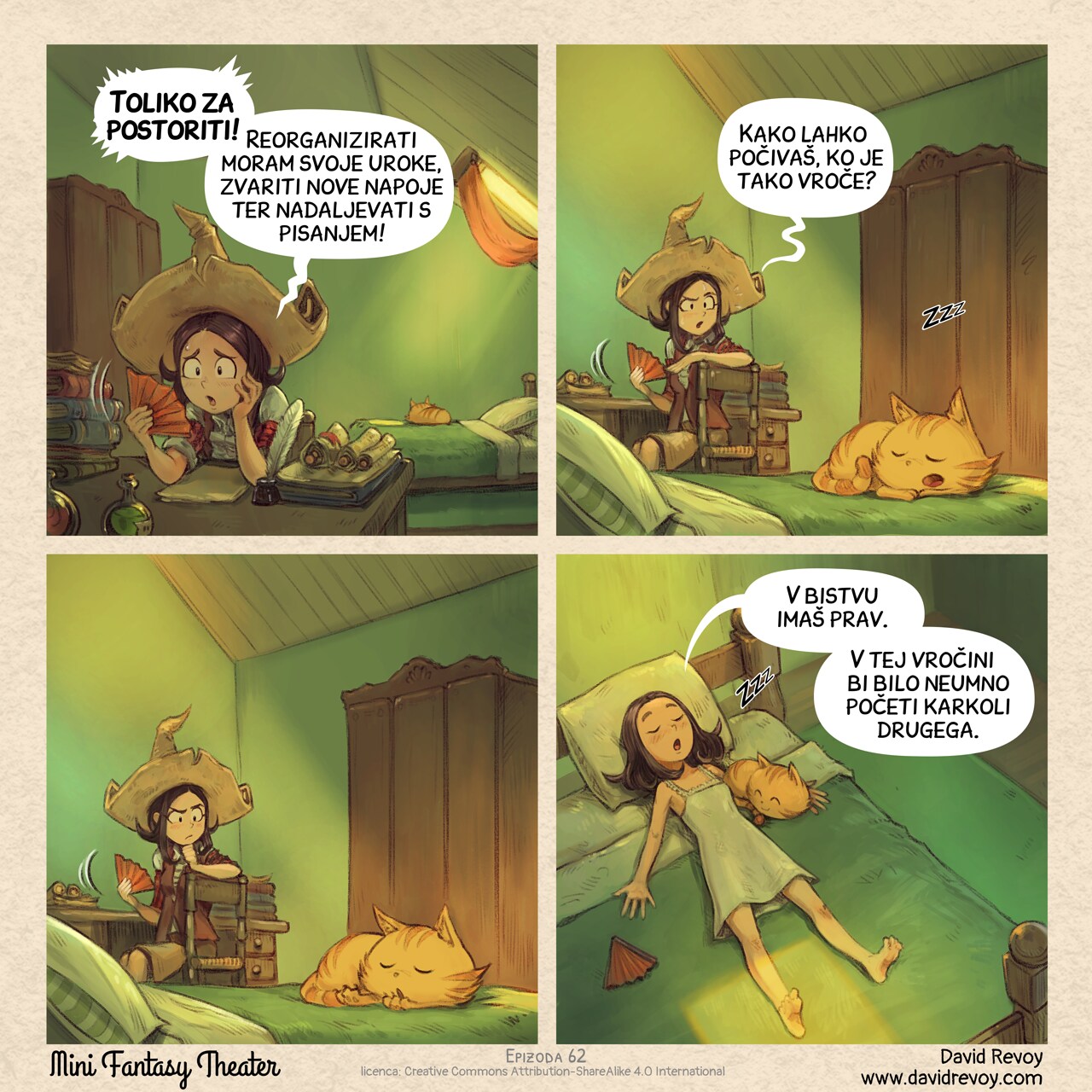 A comic in four panels:

Panel 1. Pepper fans herself: she's flushed and sweating. Her bedroom is hot, with the shutter drawn. Carrot is sleeping on the bed in the background, but she's too busy with items on her desk to notice.  
Pepper: "So much to do! I need to reorganize my spells, brew new potions, get some writing done!"

Panel 2. Pepper spins around and spots Carrot napping.  
Carrot: "Zzz"  
Pepper: "How can you just take a nap in this heat?"

Panel 3. Pepper pauses and thinks for a moment.

Panel 4. Pepper stretches out next to Carrot, closes her eyes, and finally relaxes.  
Pepper: "Actually, you're right. This heat? Yeah, there's nothing smarter to do than this."
