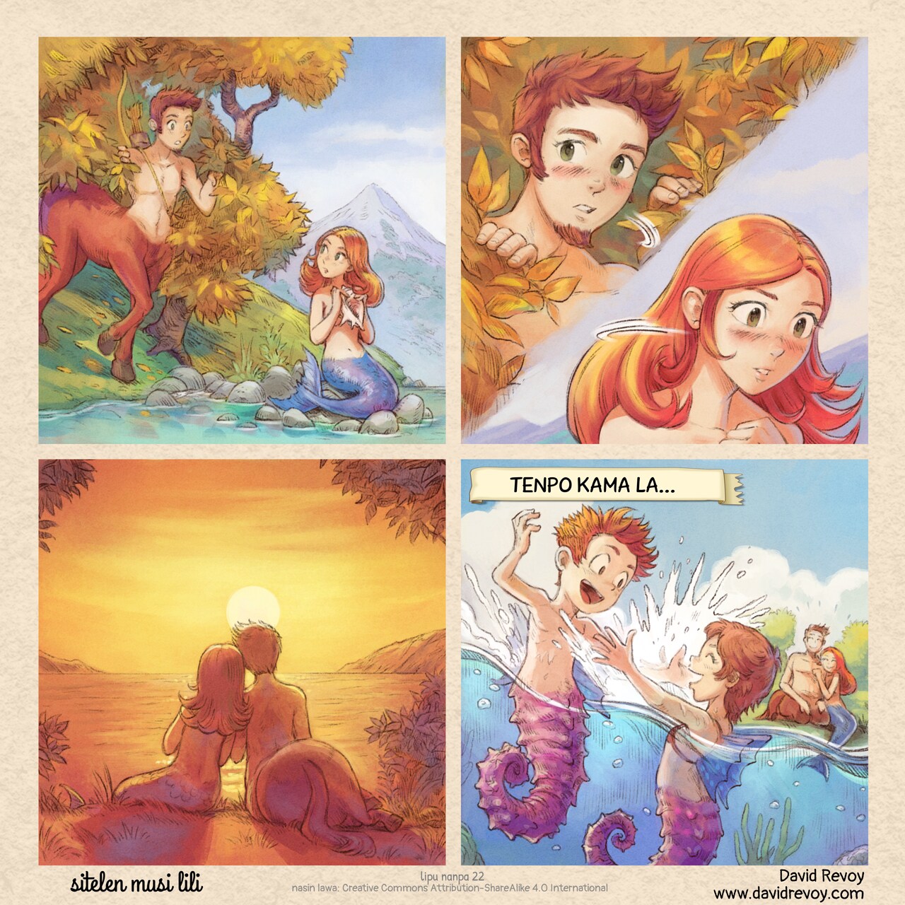 # jan soweli en jan kala
sitelen pi leko tu tu:

leko #1: jan soweli li kama tawa poka telo. jan kala suwi li lon. ona tu li lukin e ona ante.

leko #2: ona tu li lukin e ona ante la, olin li kama lon pilin.

leko #3: suno li kama anpa. ona tu li lukin e telo suli e loje pi anpa suno.

leko #4: tenpo suli kama la, jan soweli en jan kala li lukin e jan lili ona. jan lili ni li jan kala soweli! ona li musi li pilin pona.
sitlen: tenpo kama la...

