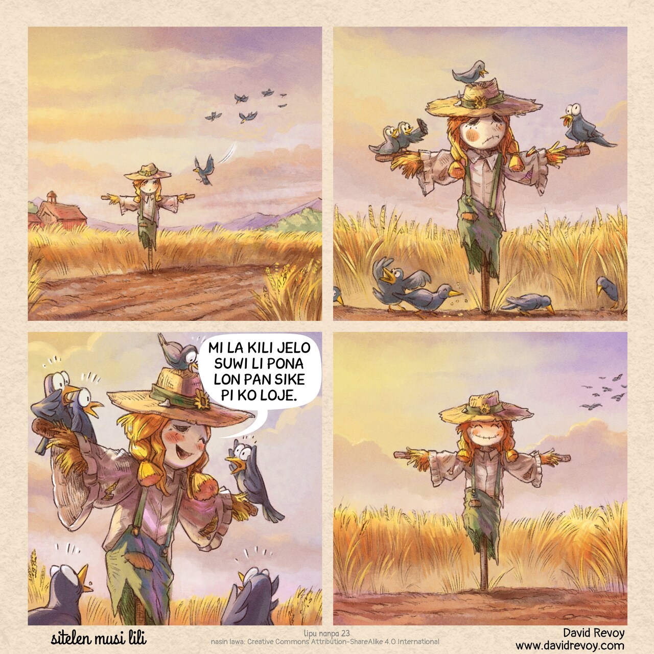 # suwi anu monsuta
sitelen pi leko tu tu:

leko #1: lon ma pan la, jan kasi li lon sewi palisa. sijelo ona li kasi, taso ona li suwi lukin. kulupu pi waso pimeja li kama tan sewi.

leko #2: waso li kama lon sijelo pi jan kasi. ona li moku e pan, li pana e pilin anpa tawa jan ni.

leko #3: jan kasi li toki. waso li kama pilin monsuta.
jan kasi: mi la, pan sike pi kili suwi li pona.

leko #4: waso pimeja li tawa weka. jan li pilin pona.
